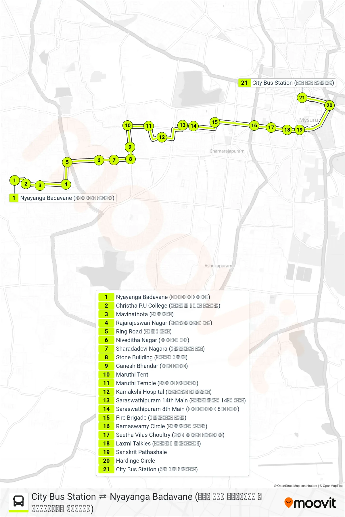 69G bus Line (→ City Bus Station (ನಗರ ಬಸ್ ನಿಲ್ದಾಣ)) route and stops on a map