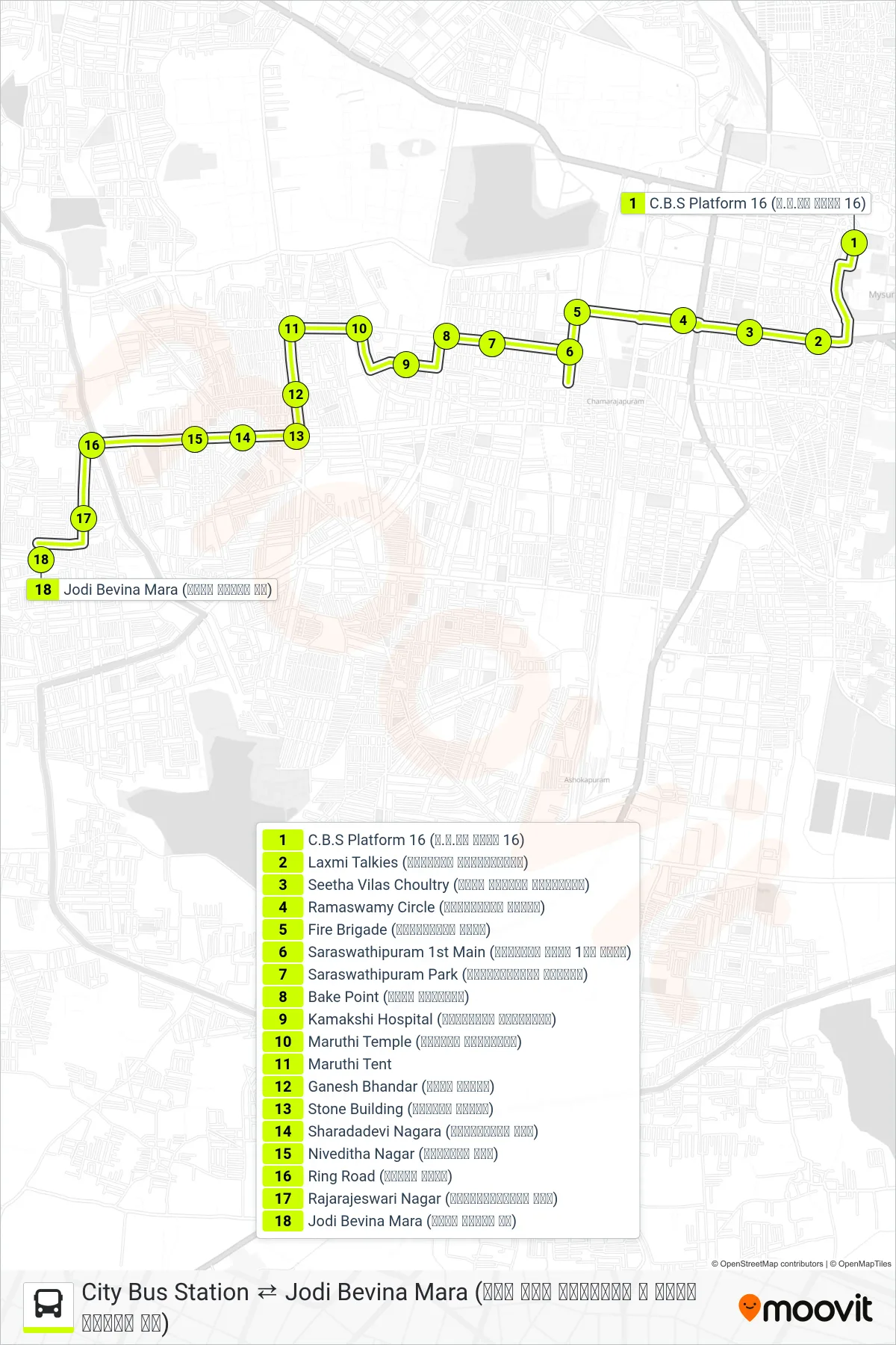 69J bus Line (→ Jodi Bevina Mara (ಜೋಡಿ ಬೇವಿನ ಮರ)) route and stops on a map