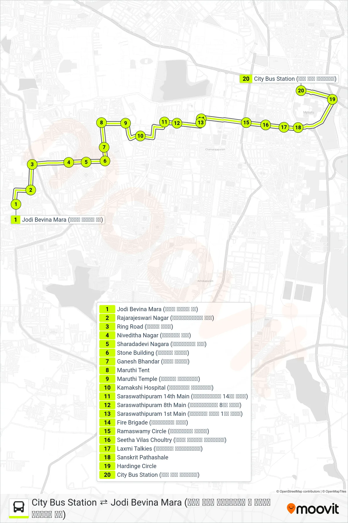 69J bus Line (→ City Bus Station (ನಗರ ಬಸ್ ನಿಲ್ದಾಣ)) route and stops on a map
