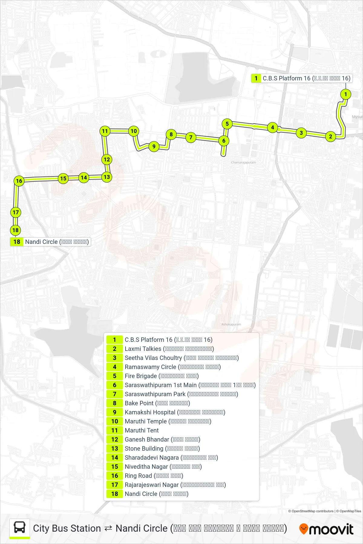 69N bus Line (→ Nandi Circle (ನಂದಿ ವೃತ್ತ)) route and stops on a map