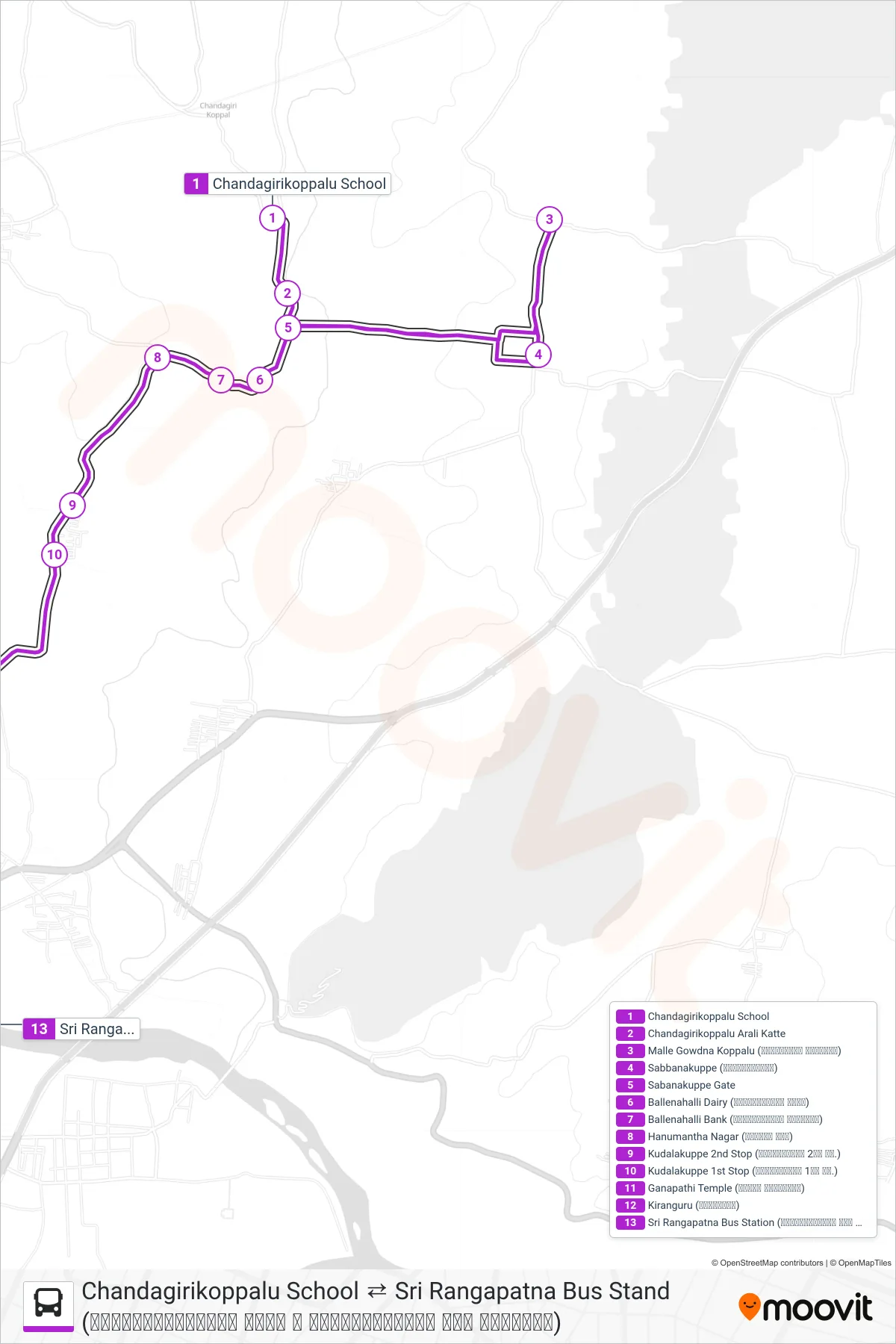 75C bus Line (→ Sri Rangapatna Bus Stand (ಶ್ರೀರಂಗಪಟ್ಟಣ ಬಸ್ ನಿ.)) route and stops on a map