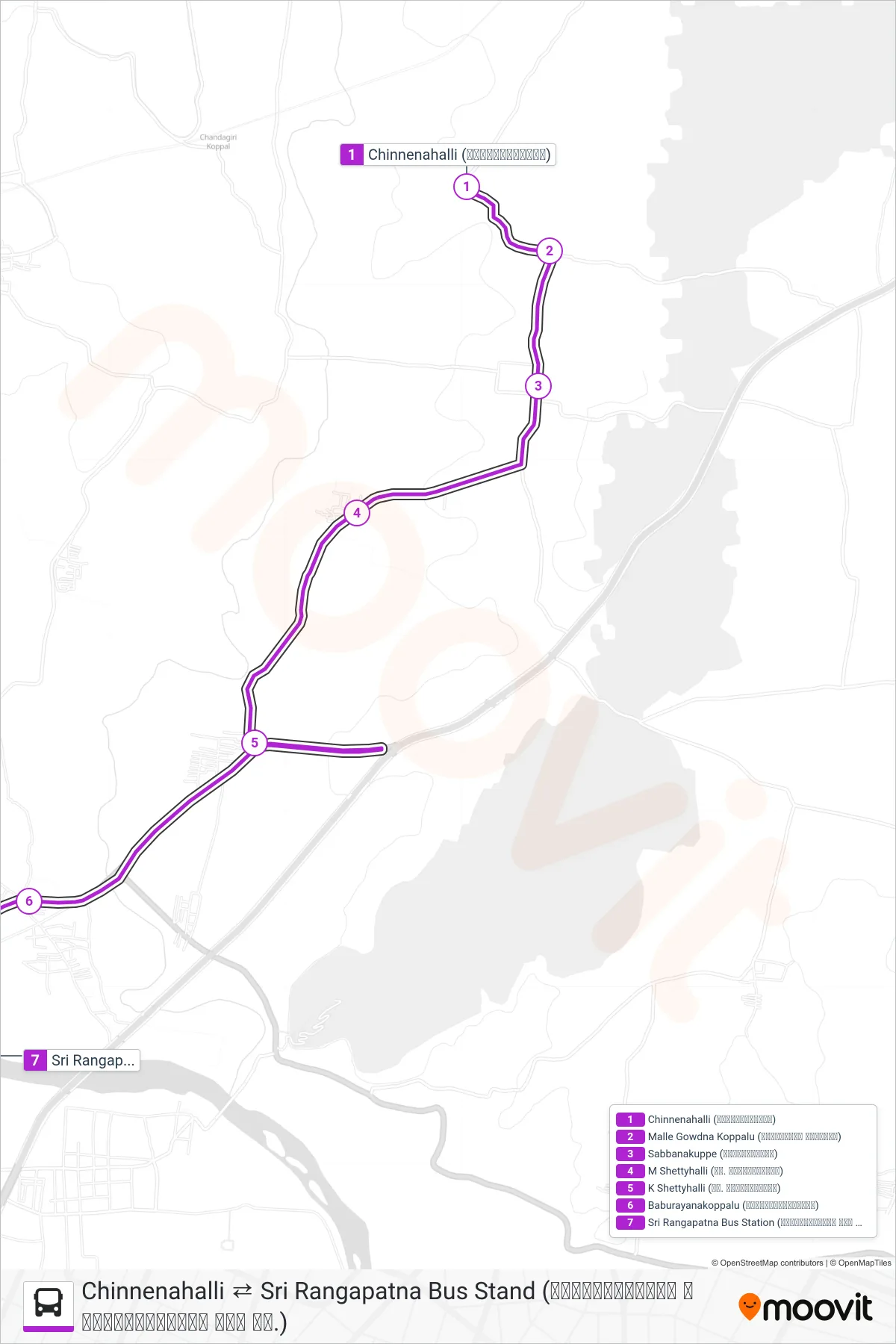 75M bus Line (→ Sri Rangapatna Bus Stand (ಶ್ರೀರಂಗಪಟ್ಟಣ ಬಸ್ ನಿ.)) route and stops on a map