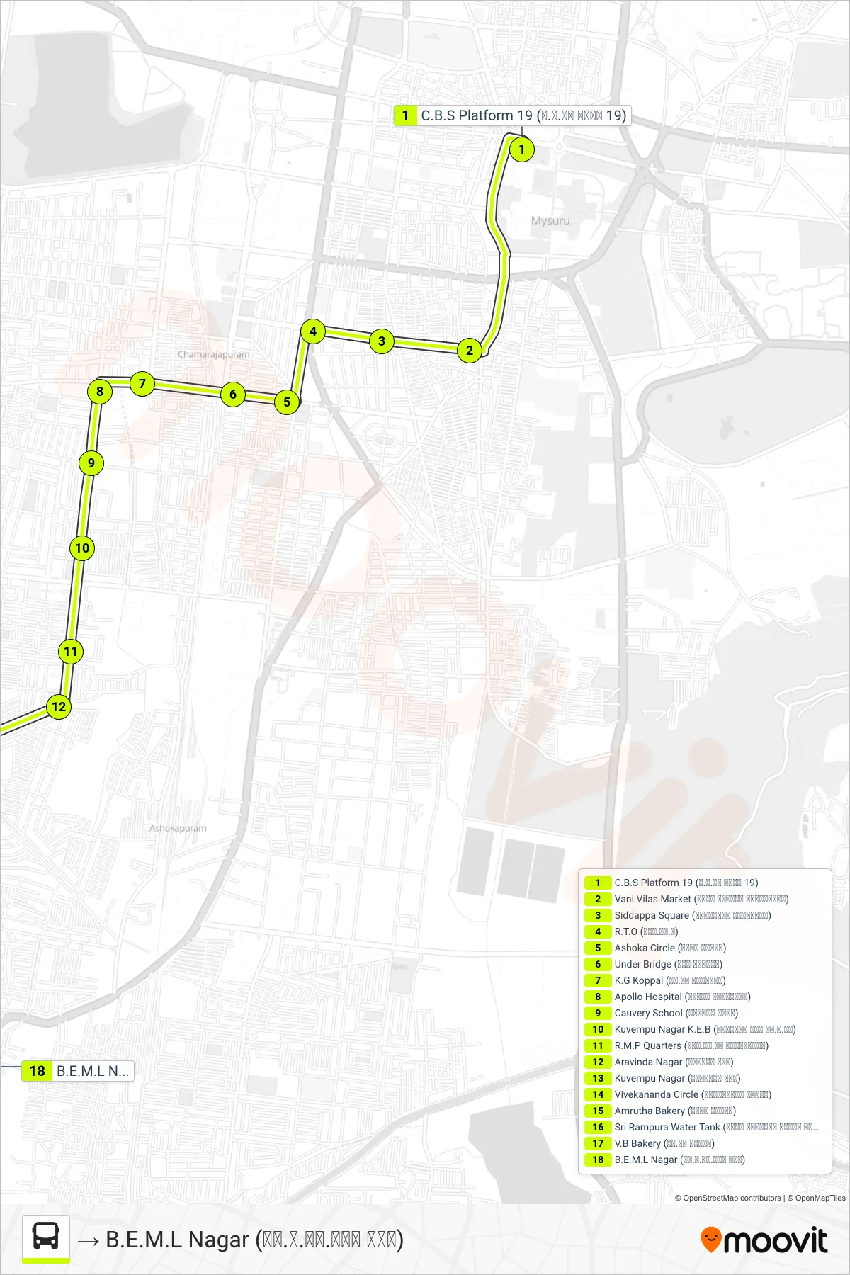 80A bus Line (→ B.E.M.L Nagar (ಬಿ.ಇ.ಎಂ.ಎಲ್ ನಗರ)) route and stops on a map