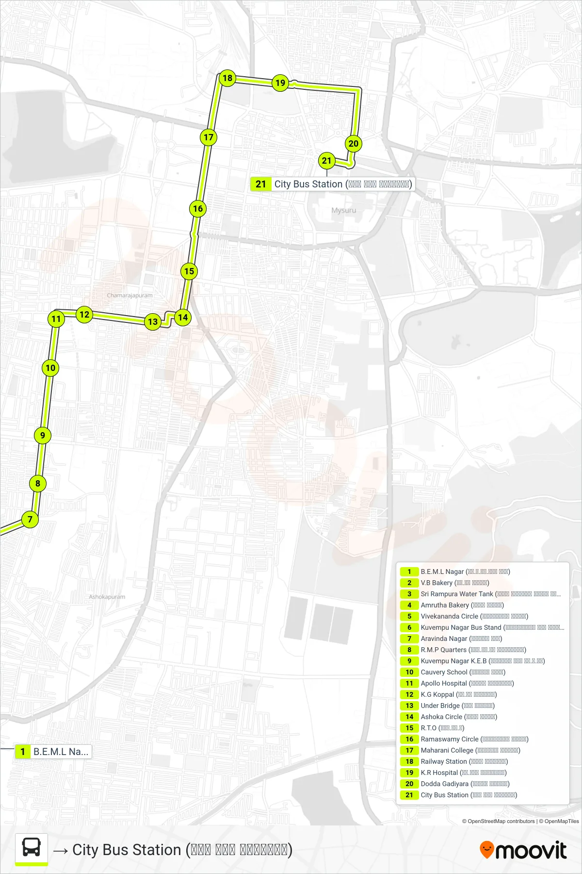 80A bus Line (→ City Bus Station (ನಗರ ಬಸ್ ನಿಲ್ದಾಣ)) route and stops on a map