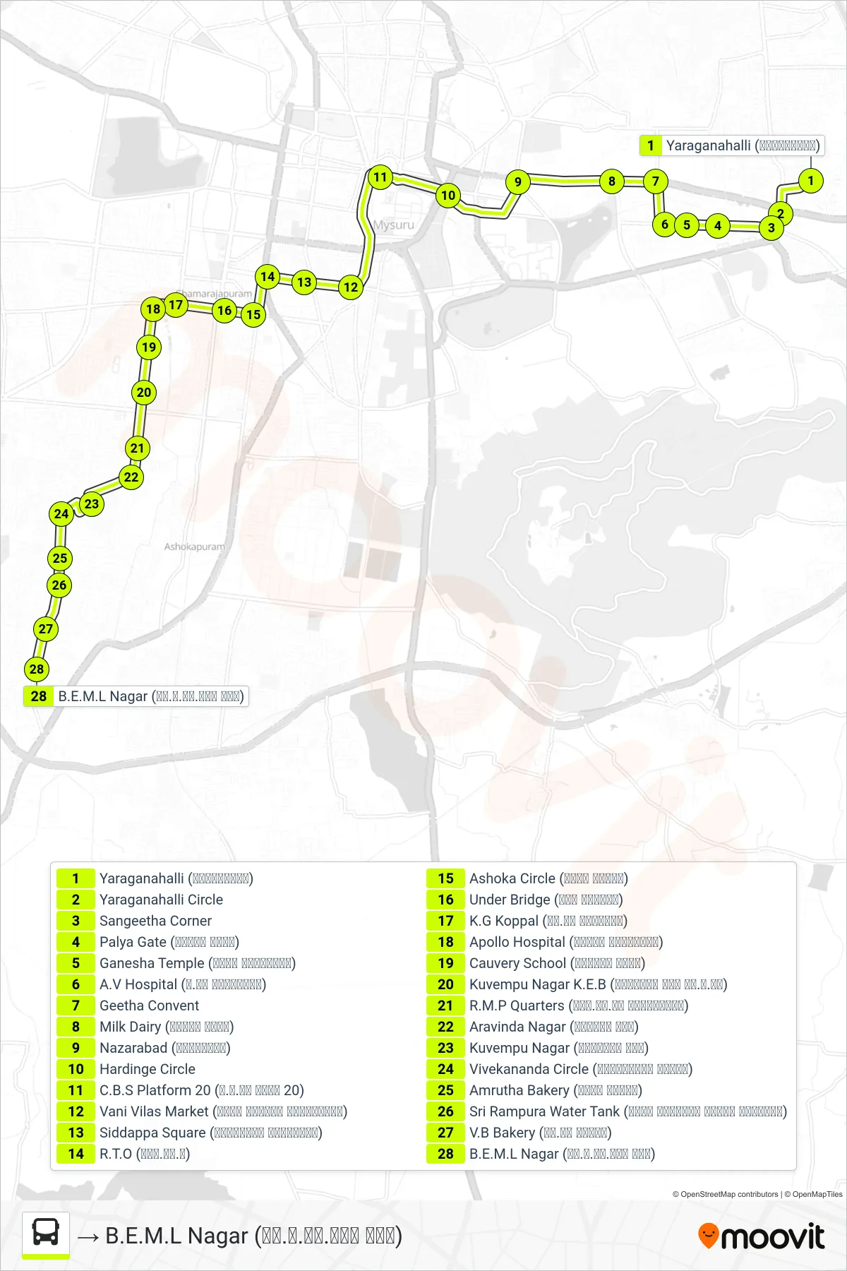 80B bus Line (→ B.E.M.L Nagar (ಬಿ.ಇ.ಎಂ.ಎಲ್ ನಗರ)) route and stops on a map