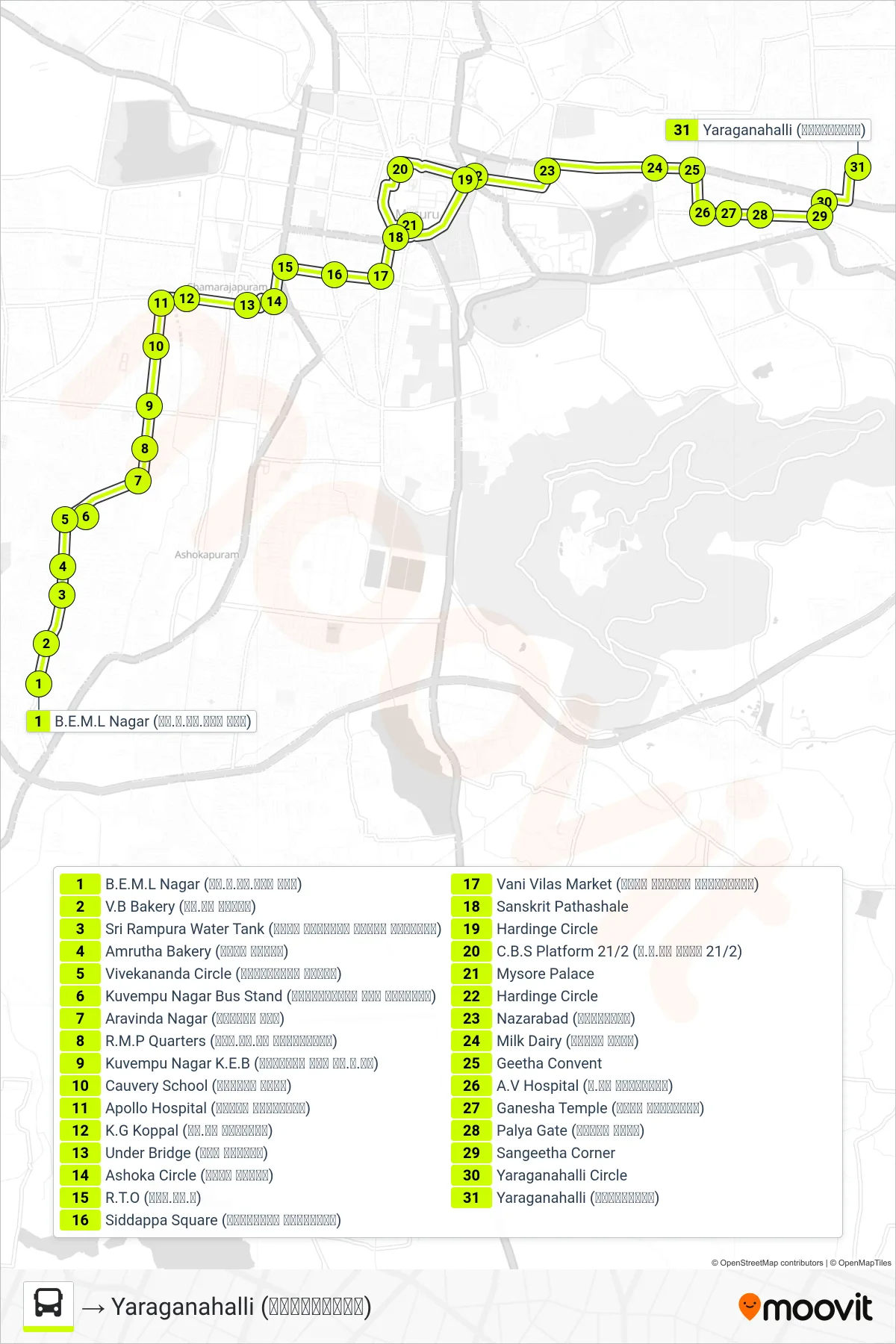 80B bus Line (→ Yaraganahalli (ಎರಗನಹಳ್ಳಿ)) route and stops on a map