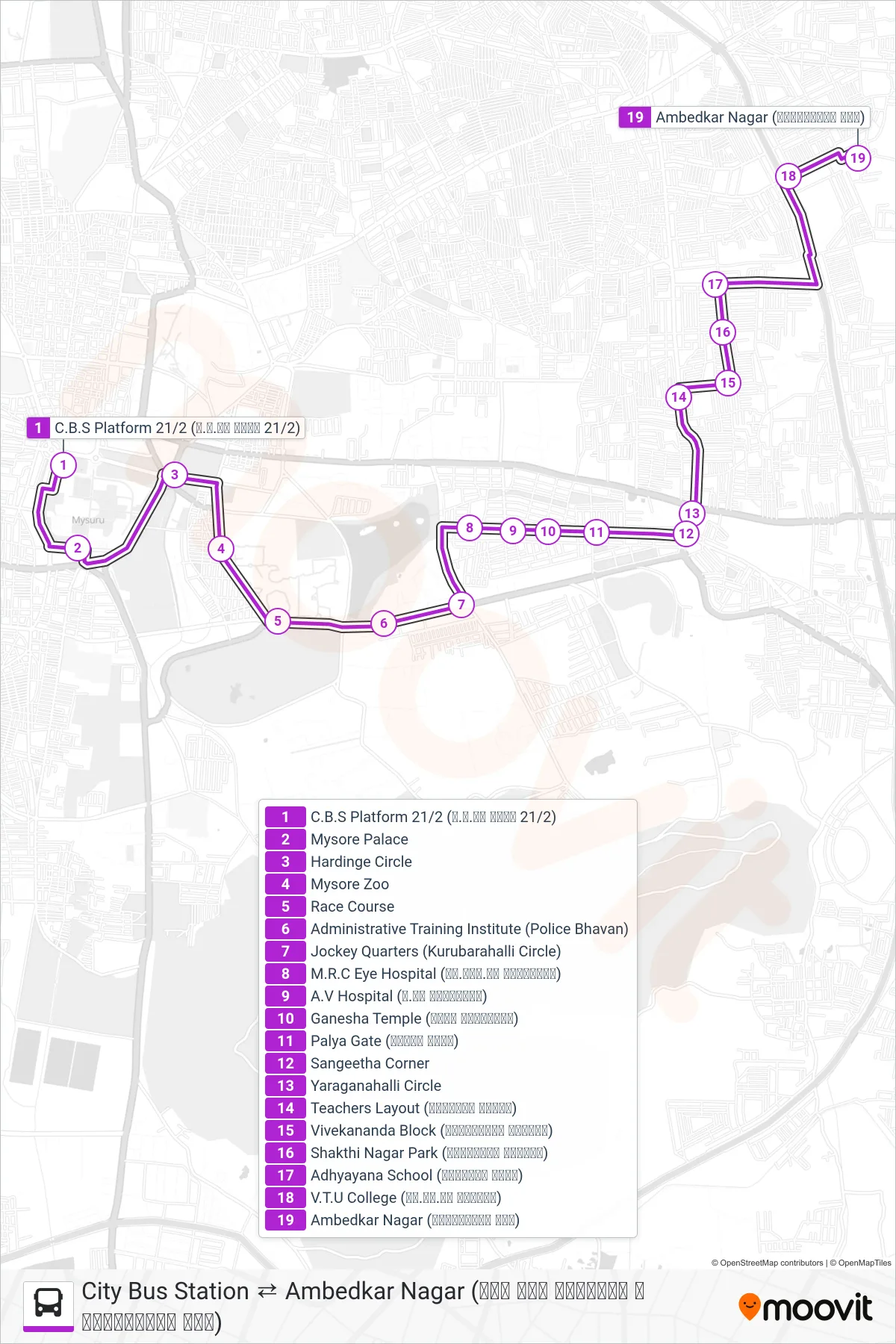 80E bus Line (→ Ambedkar Nagar (ಅಂಬೇಡ್ಕರ್ ನಗರ)) route and stops on a map