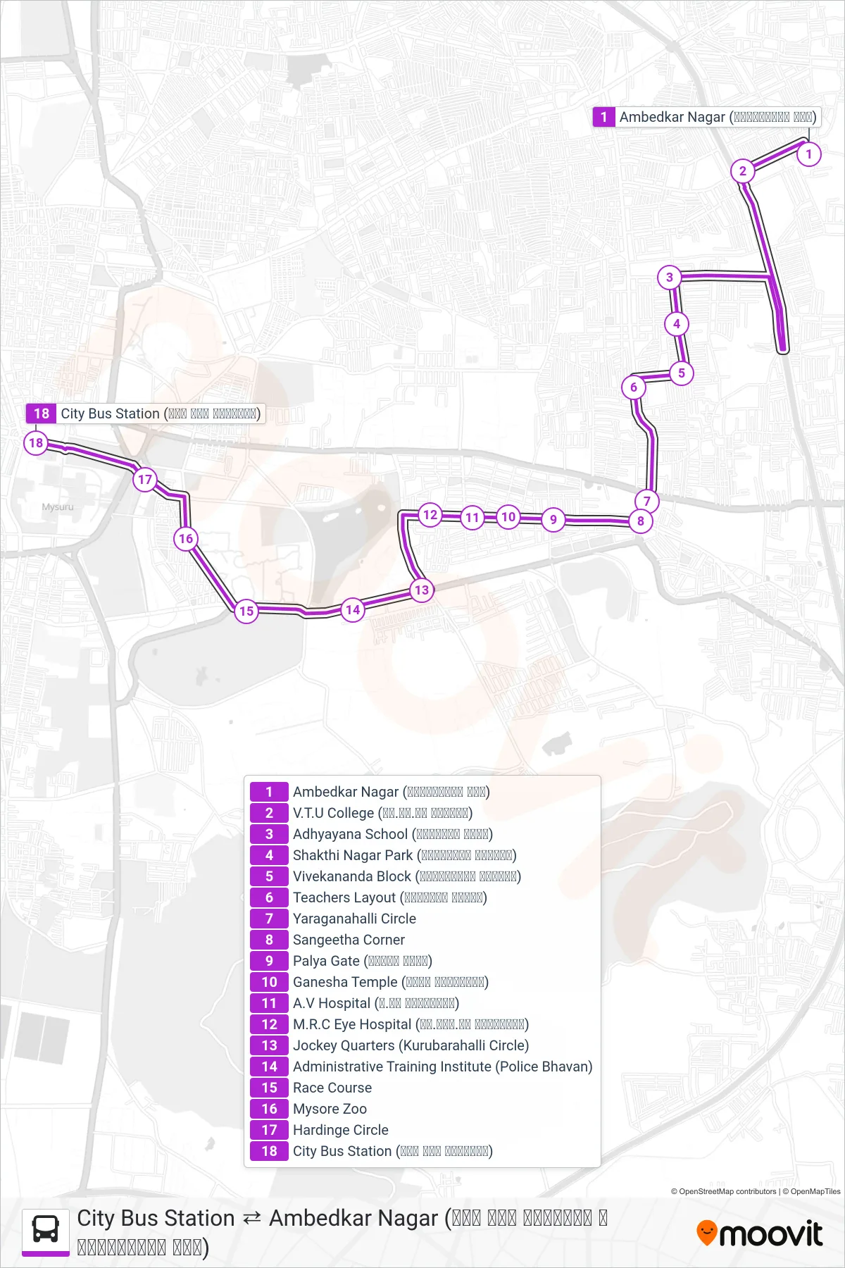 80E bus Line (→ City Bus Station (ನಗರ ಬಸ್ ನಿಲ್ದಾಣ)) route and stops on a map