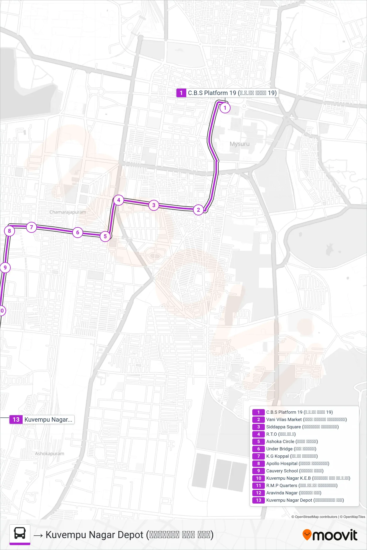 80F bus Line (→ Kuvempu Nagar Depot (ಕುವೆಂಪು ನಗರ ಘಟಕ)) route and stops on a map