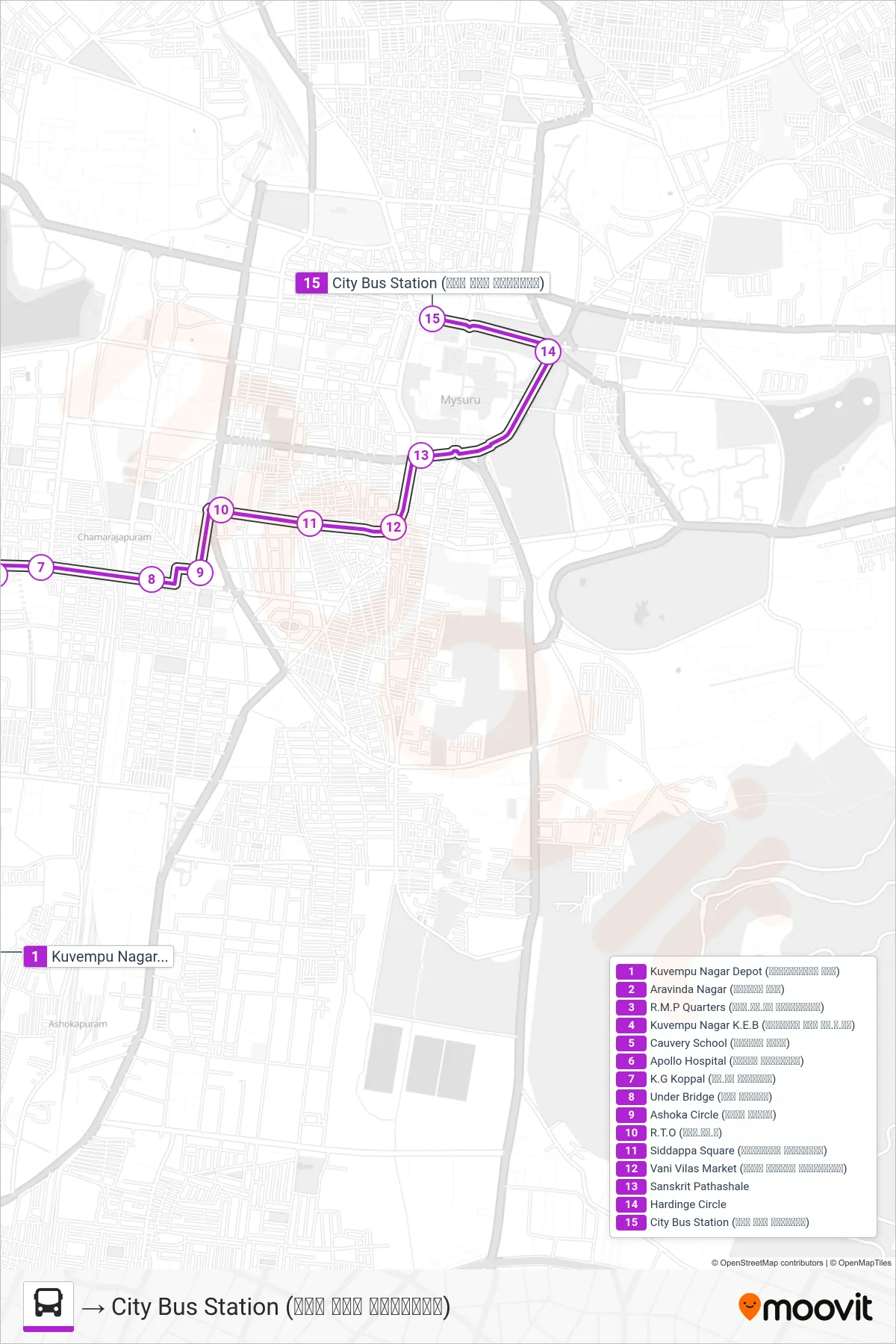 80F bus Line (→ City Bus Station (ನಗರ ಬಸ್ ನಿಲ್ದಾಣ)) route and stops on a map