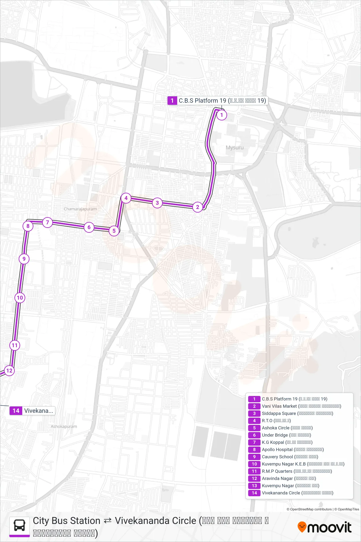 80N bus Line (→ Vivekananda Circle (ವಿವೇಕಾನಂದ ವೃತ್ತ)) route and stops on a map