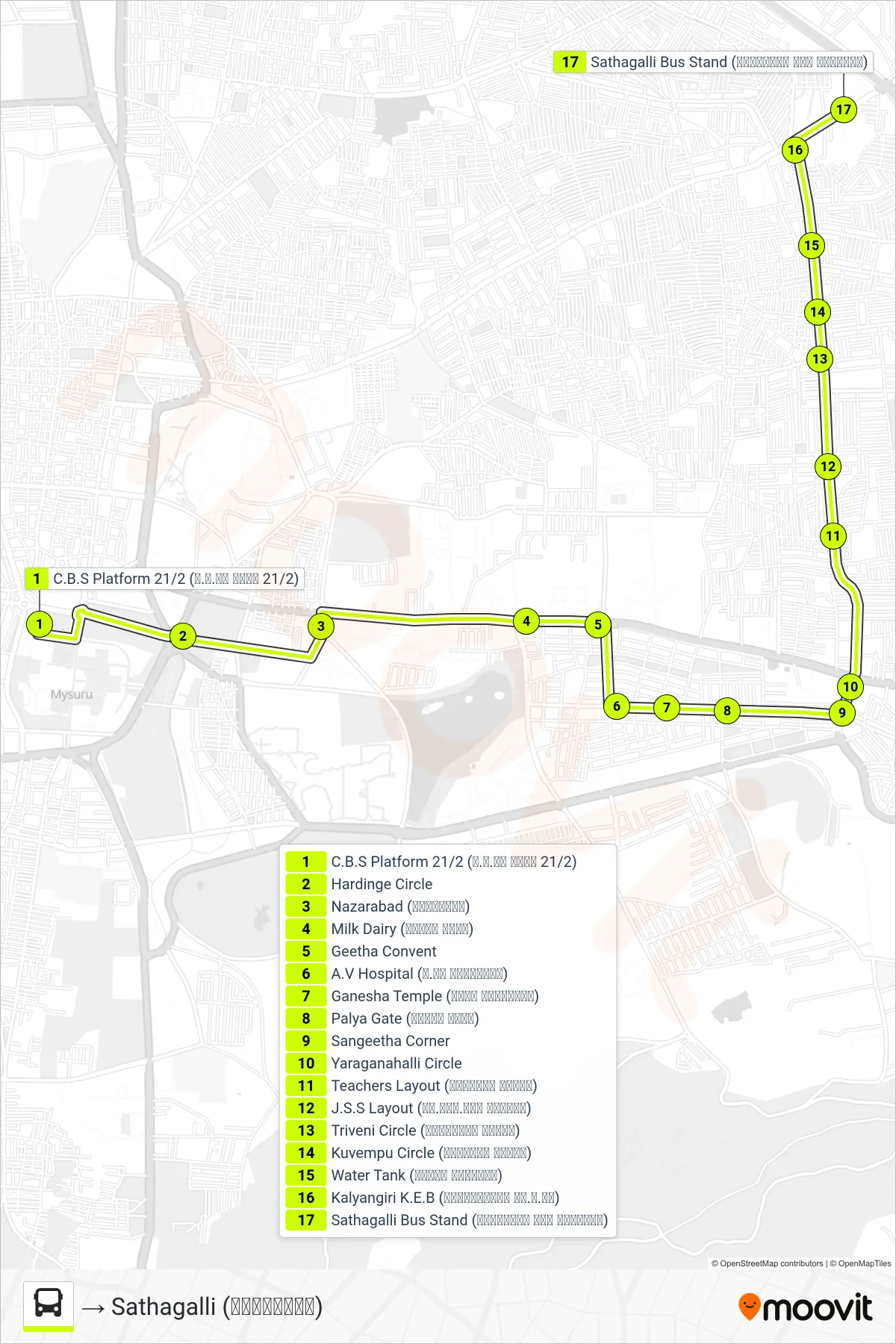 80S bus Line (→ Sathagalli (ಸಾತಗಳ್ಳಿ)) route and stops on a map