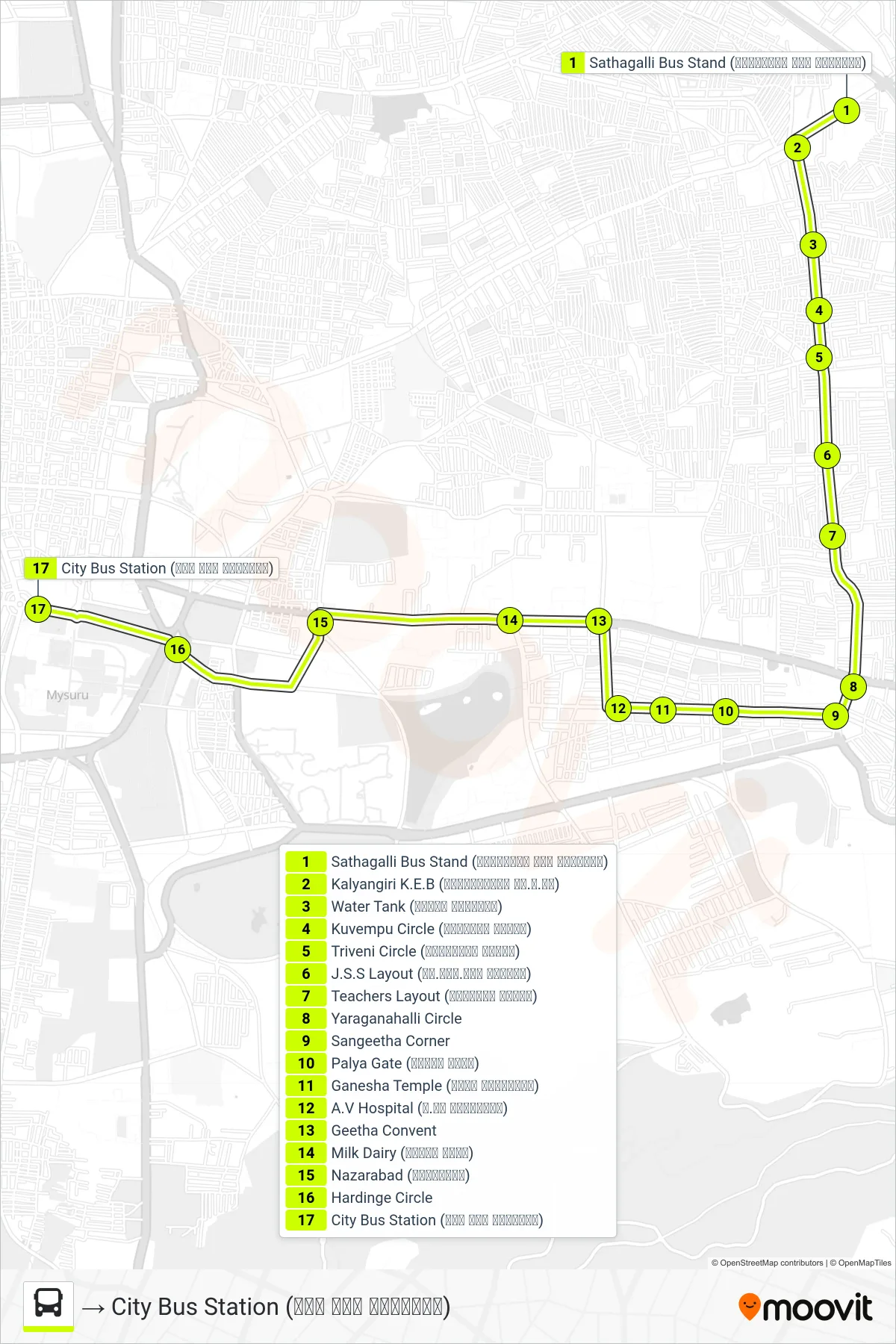 80S bus Line (→ City Bus Station (ನಗರ ಬಸ್ ನಿಲ್ದಾಣ)) route and stops on a map