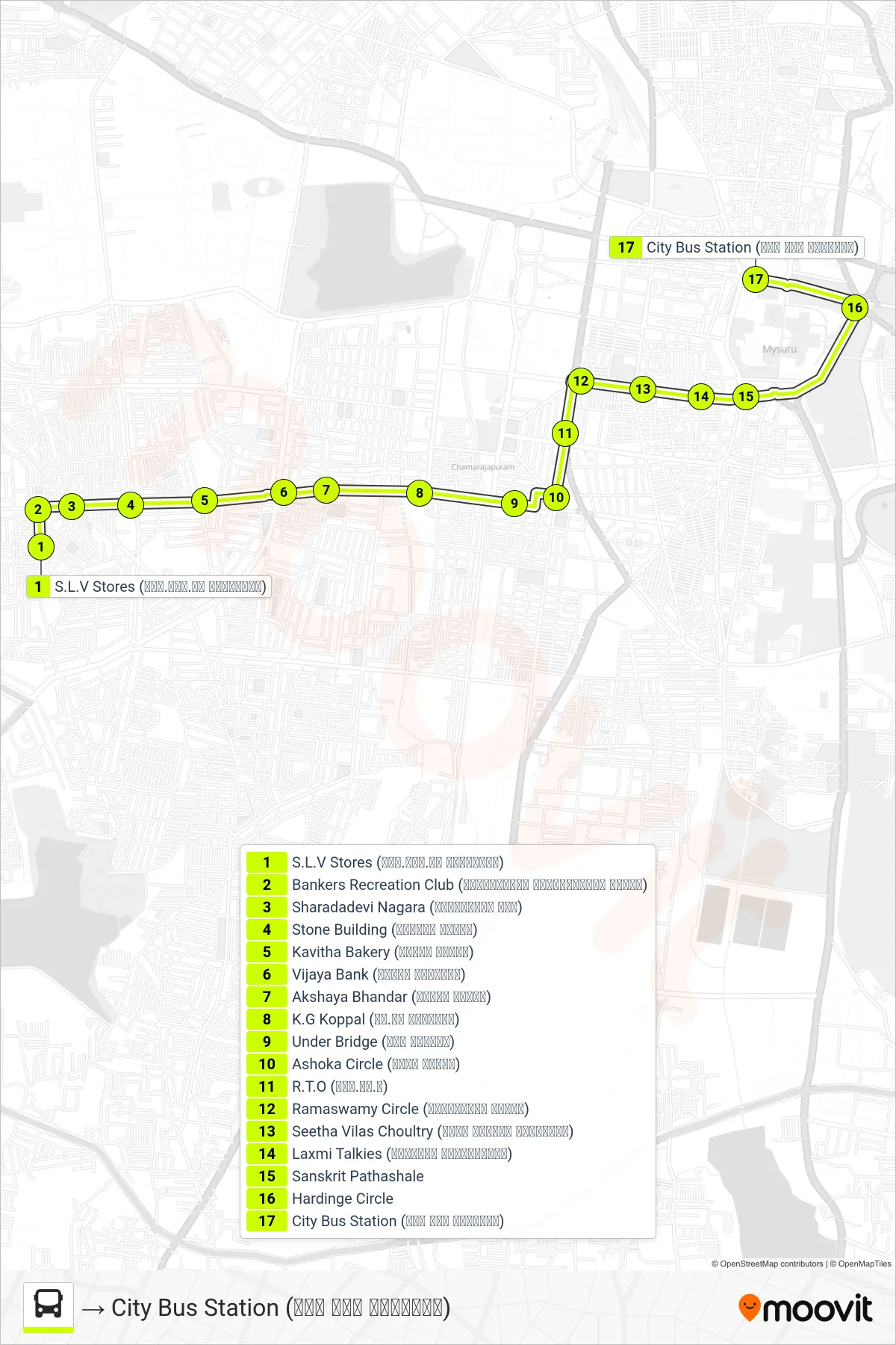 91A bus Line (→ City Bus Station (ನಗರ ಬಸ್ ನಿಲ್ದಾಣ)) route and stops on a map