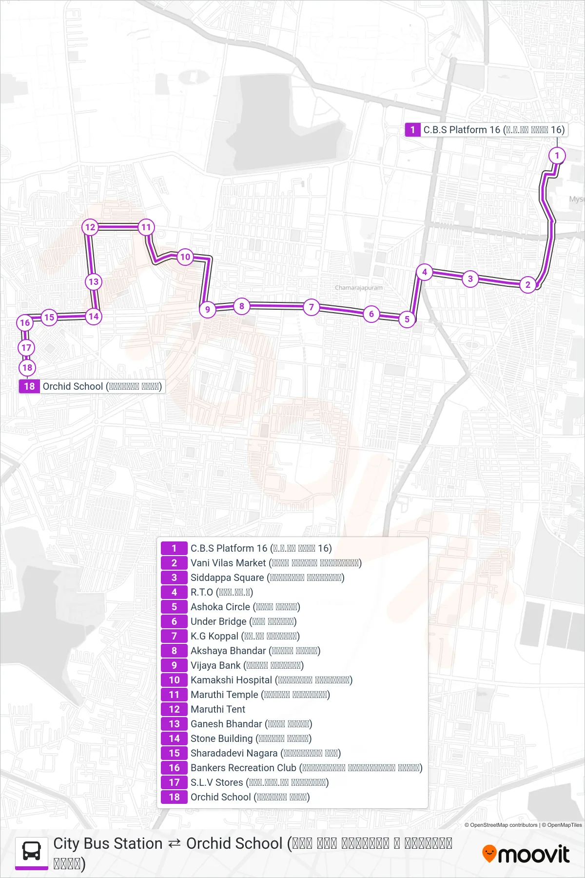 91B bus Line (→ Orchid School (ಆರ್ಕಿಡ್ ಶಾಲೆ)) route and stops on a map