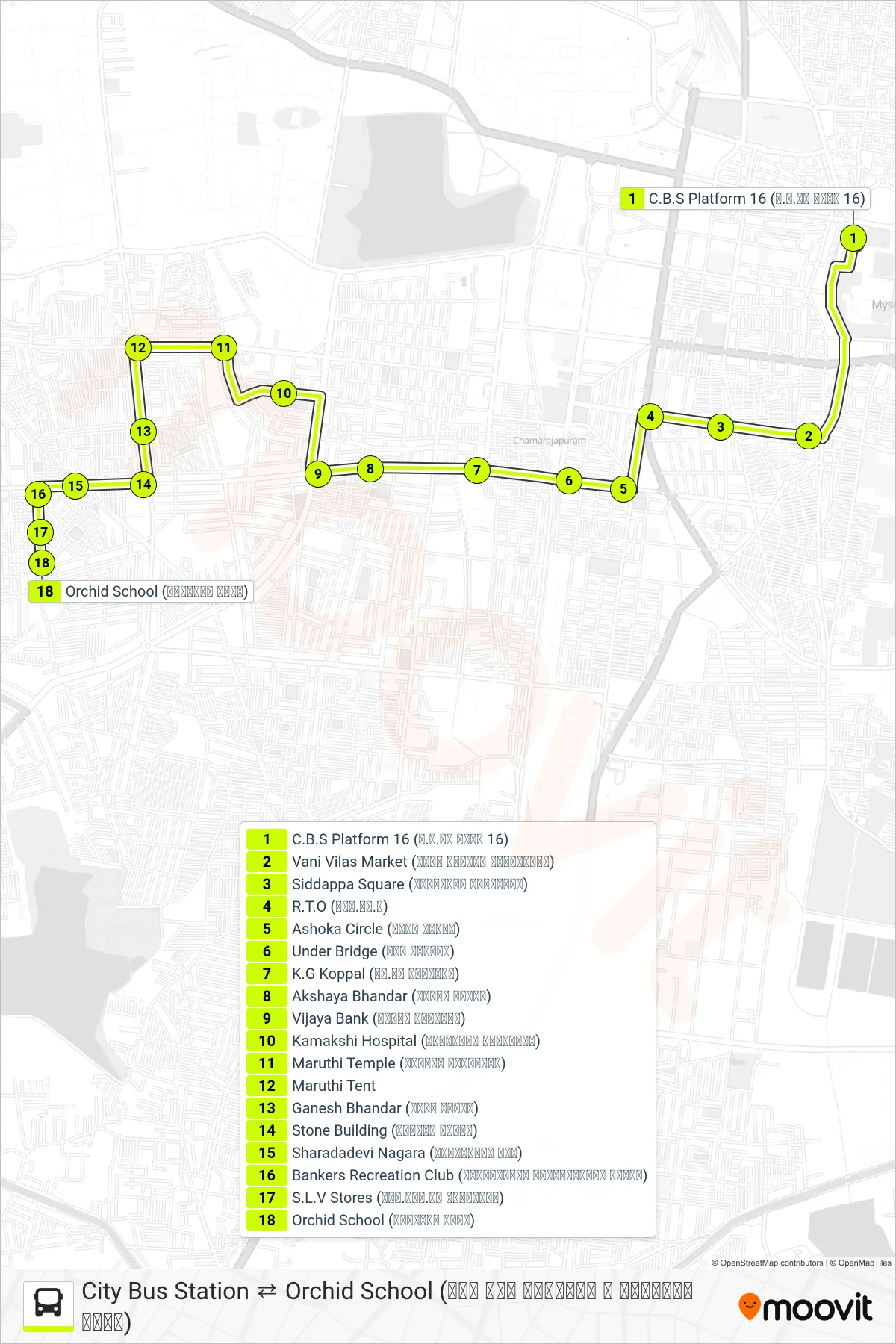 91D bus Line (→ Orchid School (ಆರ್ಕಿಡ್ ಶಾಲೆ)) route and stops on a map