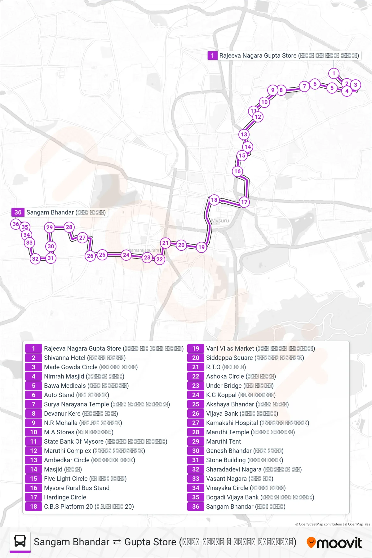 91E bus Line (→ Sangam Bhandar (ಸಂಗಮ ಭಂಡಾರ)) route and stops on a map