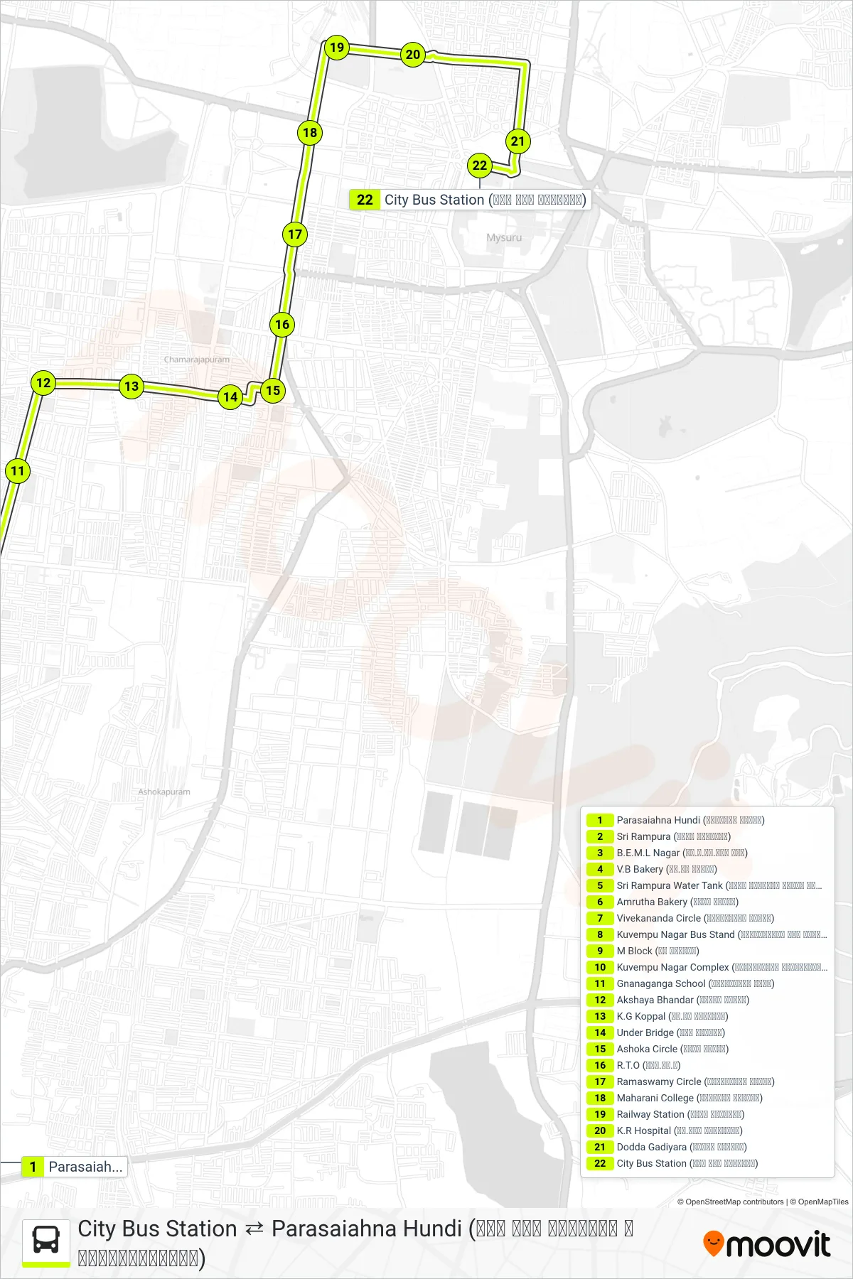 94A bus Line (→ City Bus Station (ನಗರ ಬಸ್ ನಿಲ್ದಾಣ)) route and stops on a map