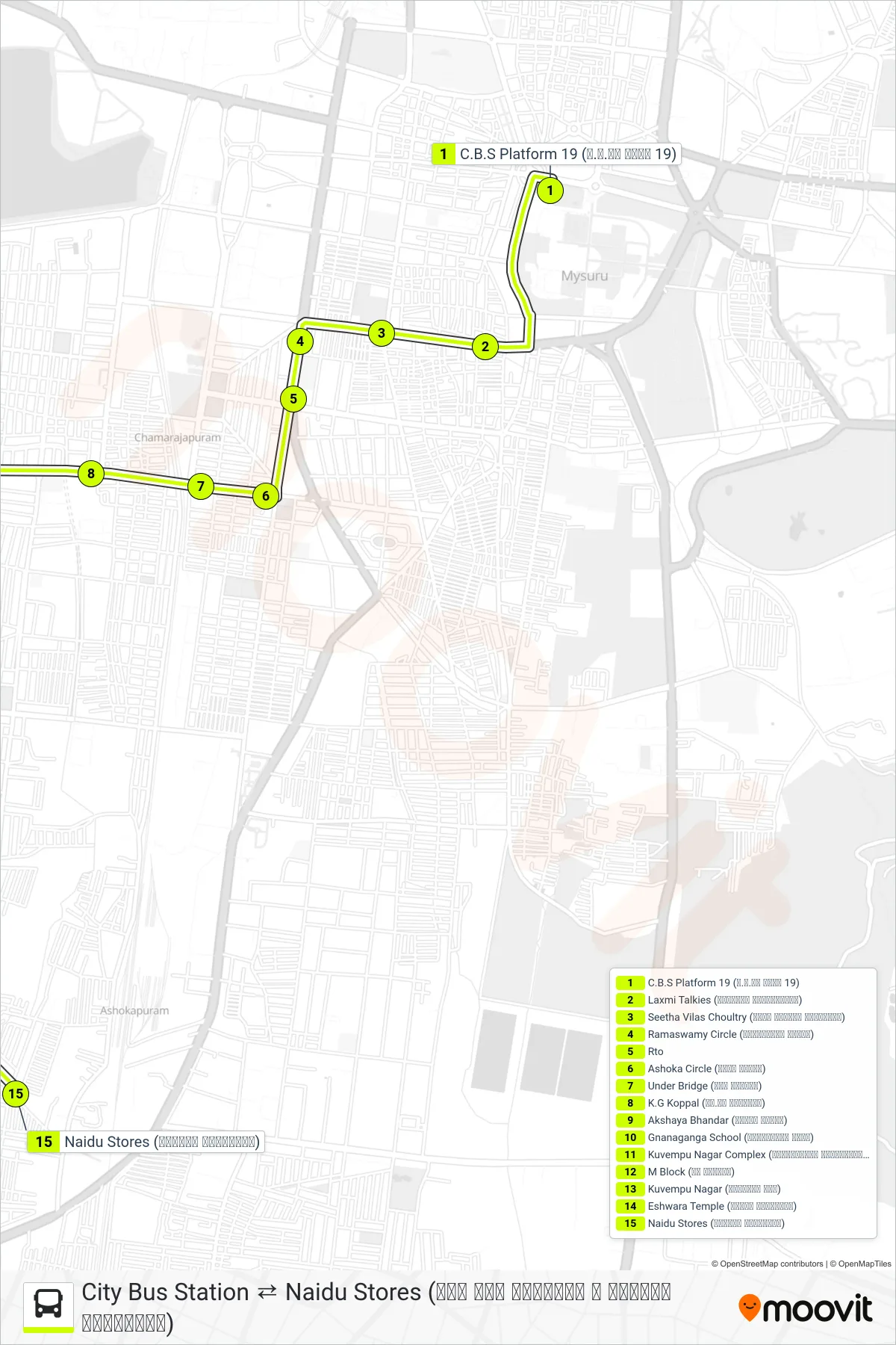 94C bus Line (→ Naidu Stores (ನಾಯ್ಡು ಸ್ಟೋರ್ಸ್)) route and stops on a map