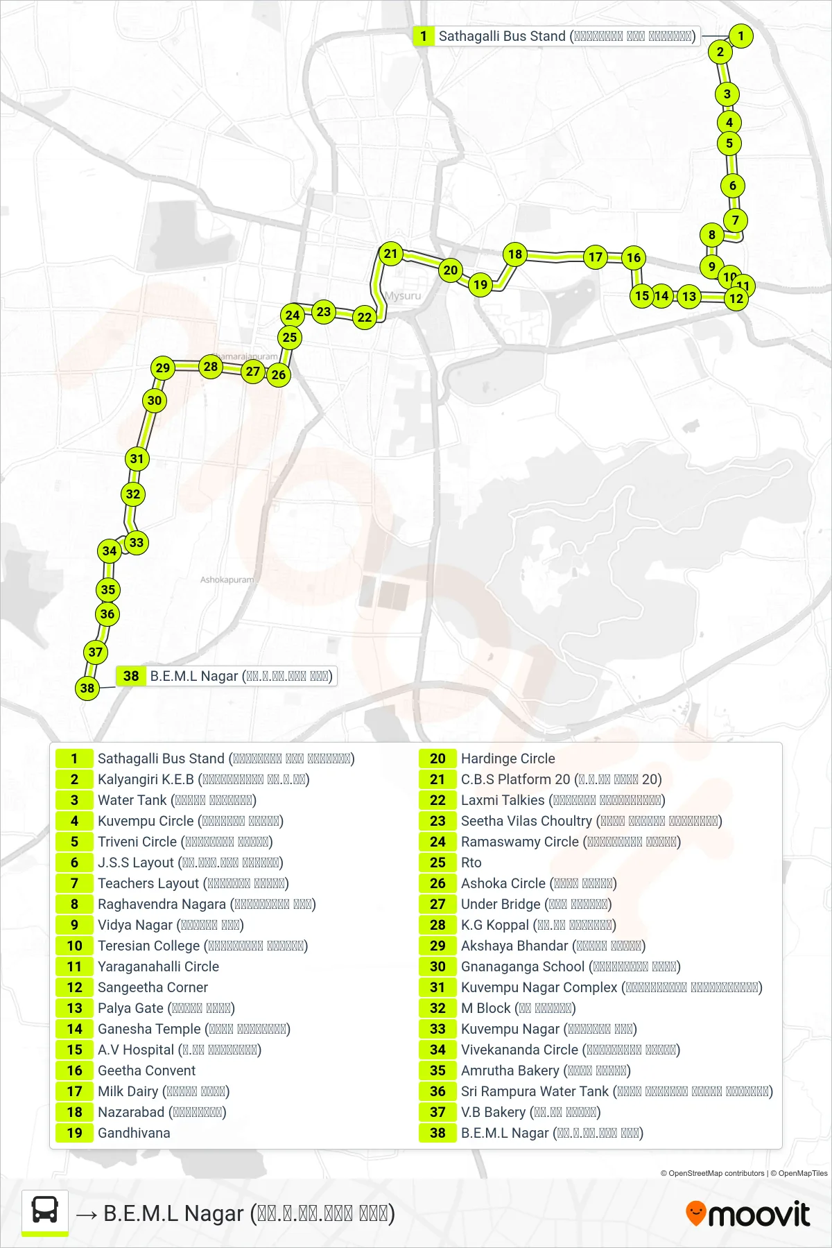 94E bus Line (→ B.E.M.L Nagar (ಬಿ.ಇ.ಎಂ.ಎಲ್ ನಗರ)) route and stops on a map
