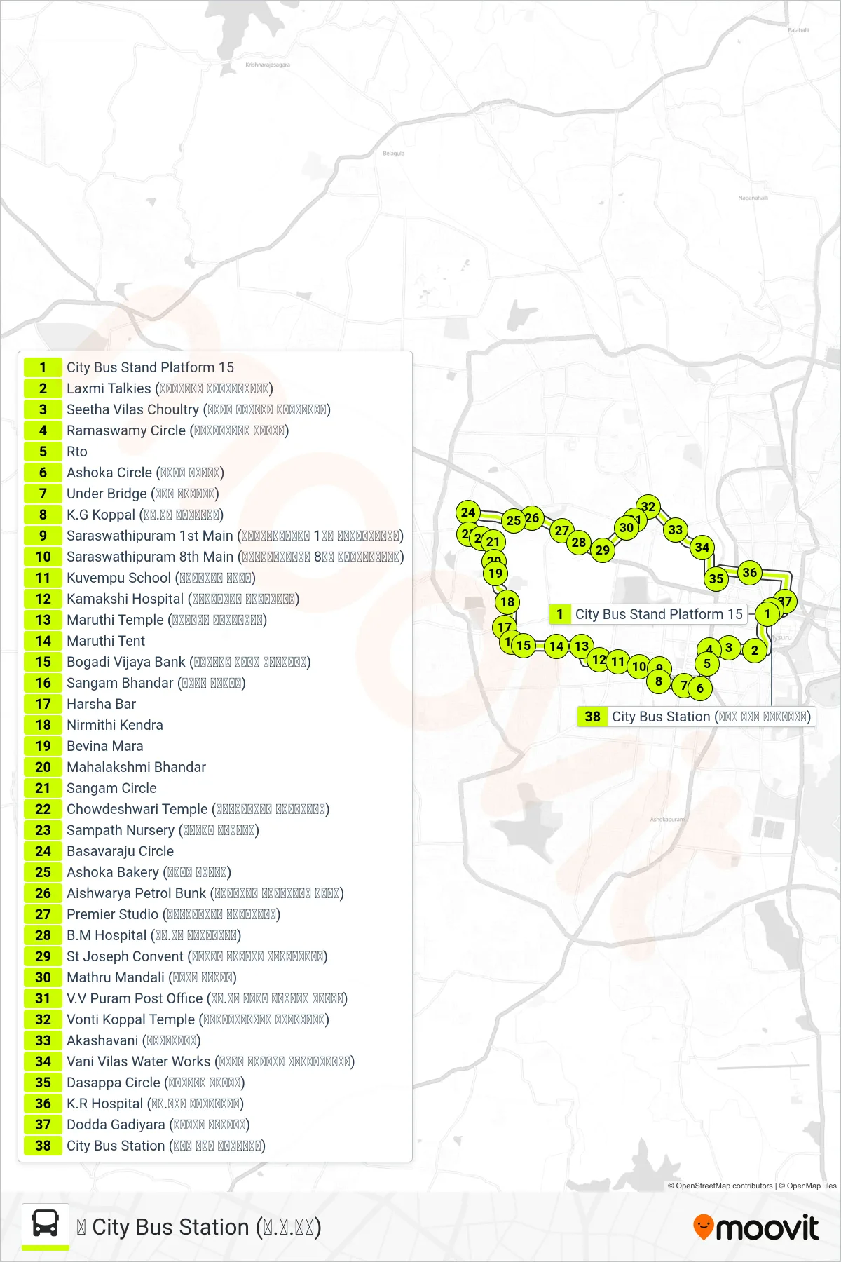 95B bus Line (↺ City Bus Station (ನ.ಬ.ನಿ)) route and stops on a map