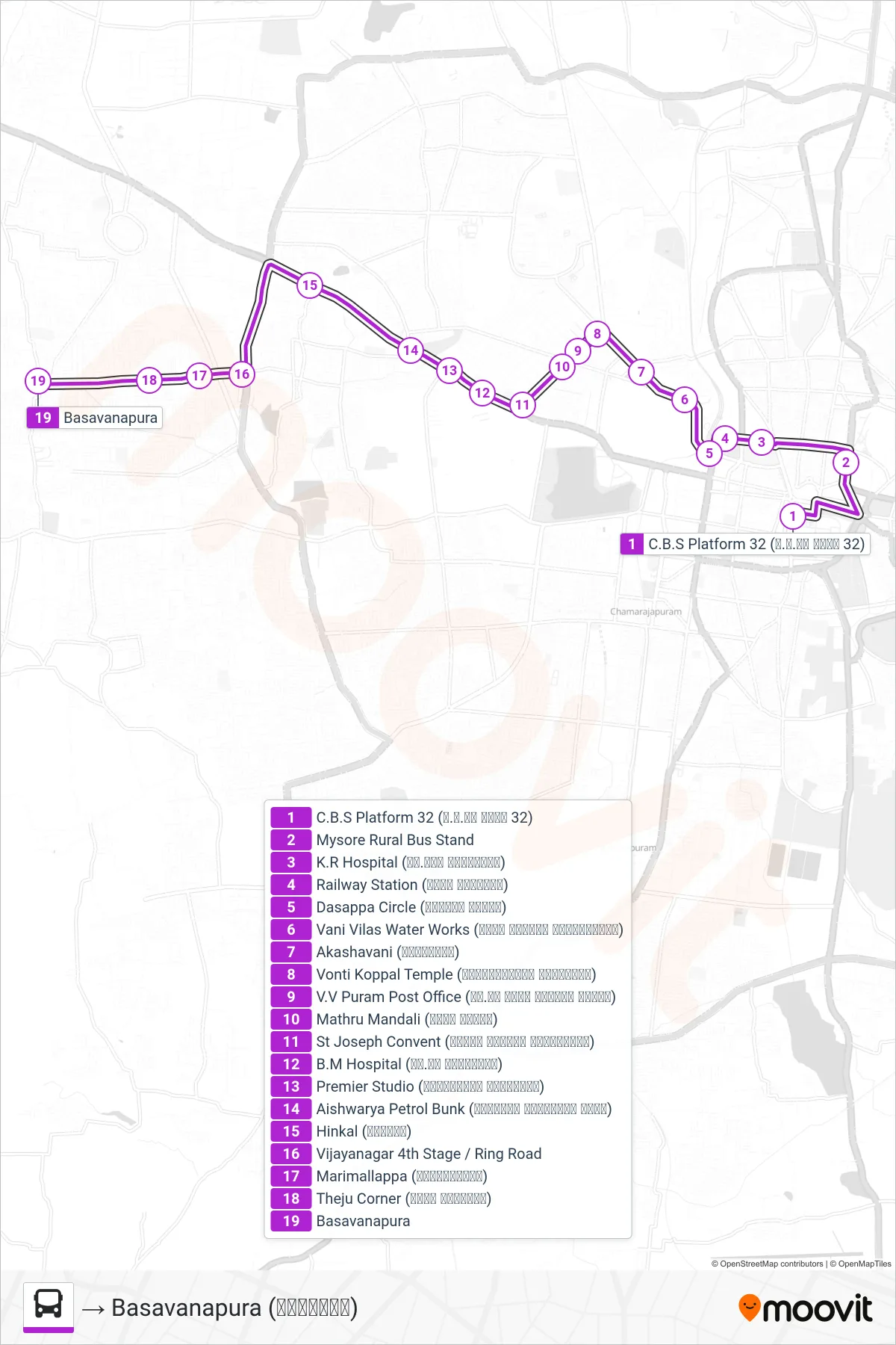 95D bus Line (→ Basavanapura (ಬಸವನಪುರ)) route and stops on a map