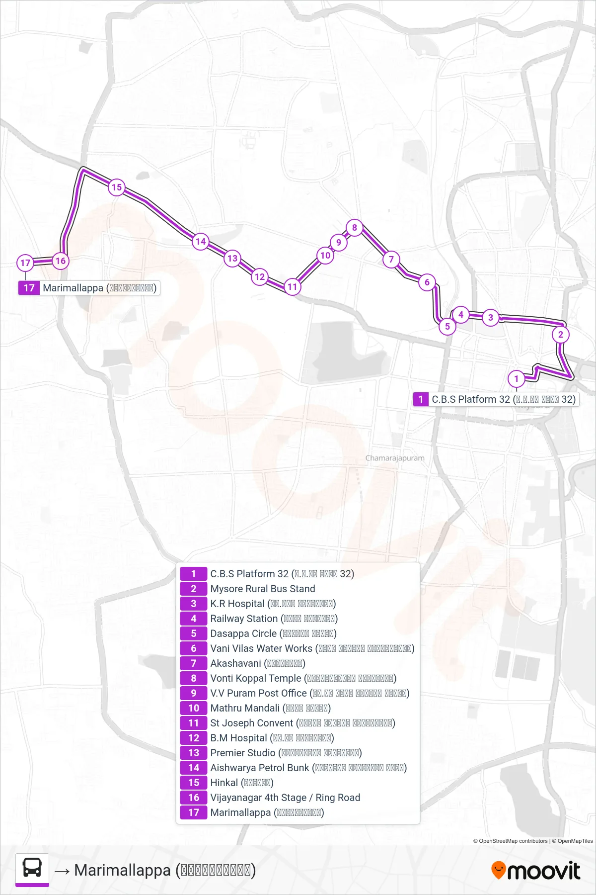 95M bus Line (→ Marimallappa (ಮರಿಮಲ್ಲಪ್ಪ)) route and stops on a map