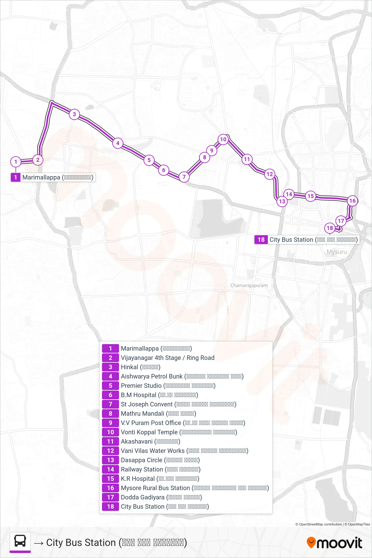 95M bus Line (→ City Bus Station (ನಗರ ಬಸ್ ನಿಲ್ದಾಣ)) route and stops on a map