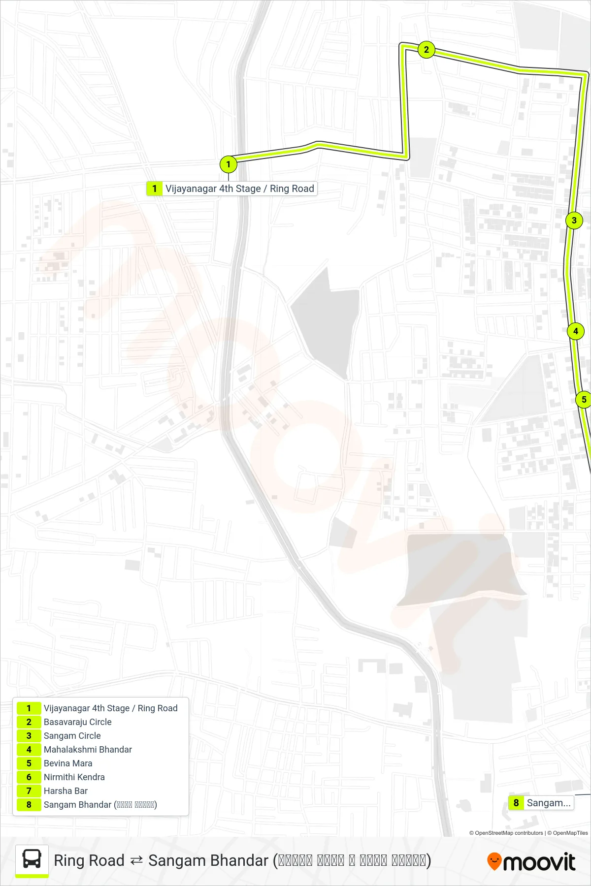95S bus Line (→ Sangam Bhandar (ಸಂಗಮ ಭಂಡಾರ)) route and stops on a map