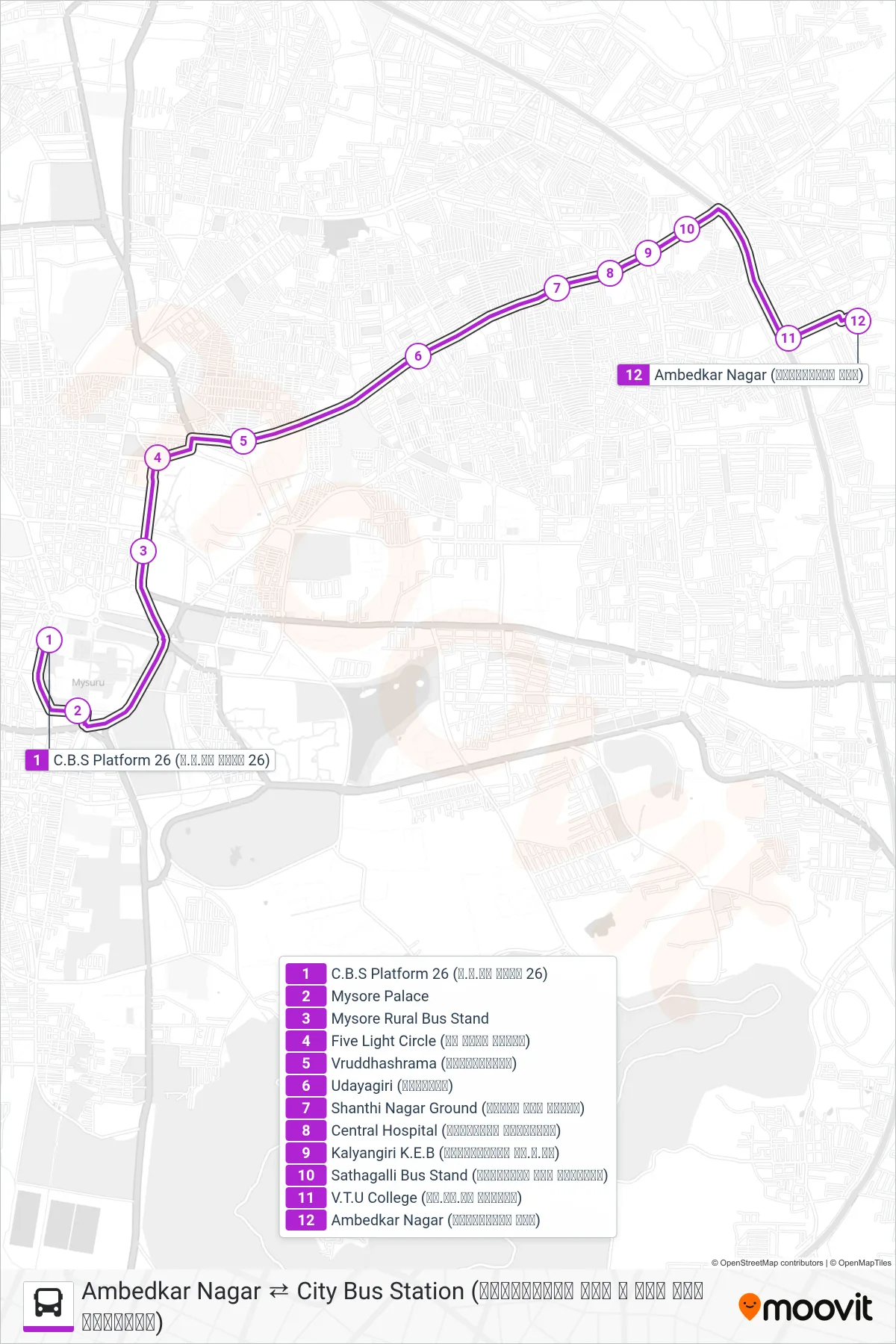 110D bus Line (→ Ambedkar Nagar (ಅಂಬೇಡ್ಕರ್ ನಗರ)) route and stops on a map