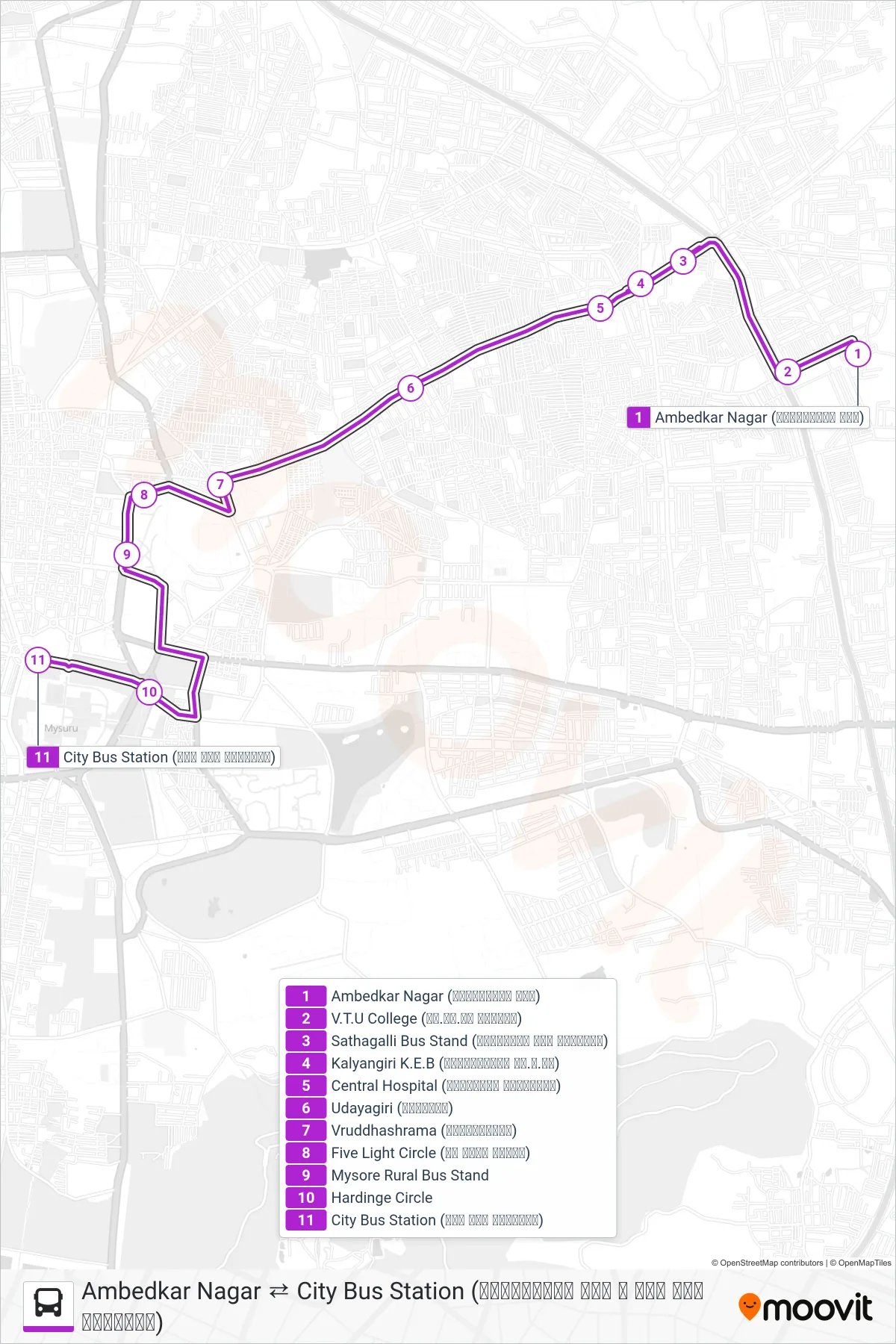 110D bus Line (→ City Bus Station (ನಗರ ಬಸ್ ನಿಲ್ದಾಣ)) route and stops on a map
