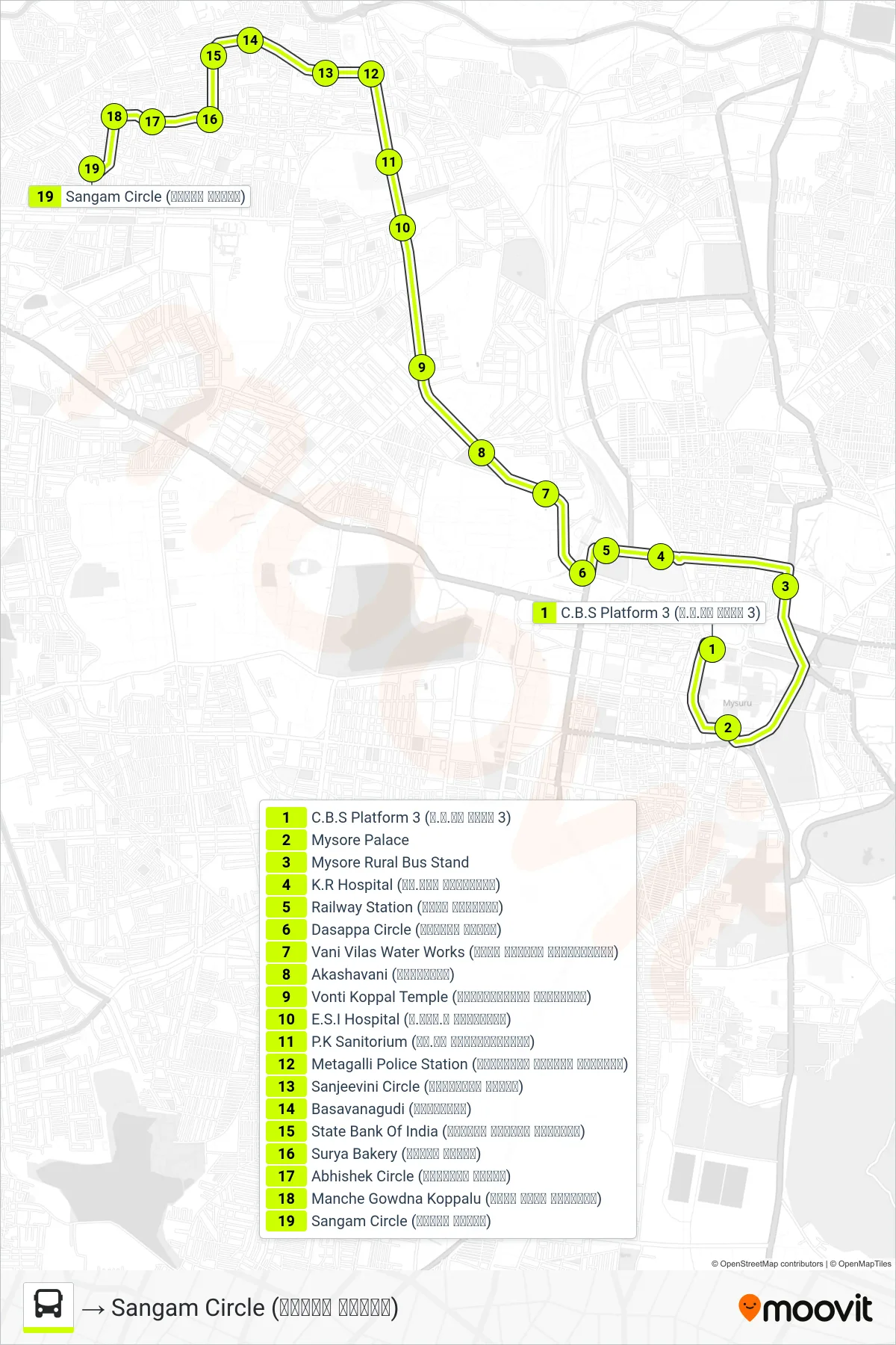 116C bus Line (→ Sangam Circle (ಸಂಗಮ್ ವೃತ್ತ)) route and stops on a map