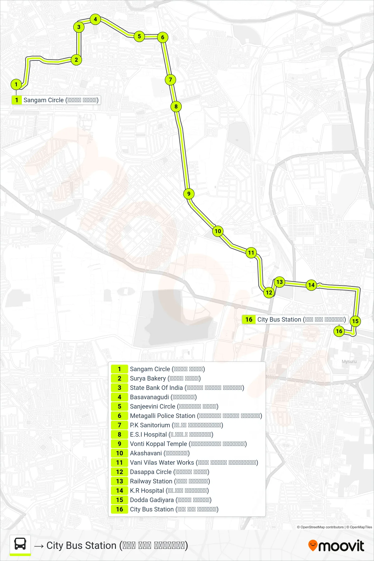 116C bus Line (→ City Bus Station (ನಗರ ಬಸ್ ನಿಲ್ದಾಣ)) route and stops on a map