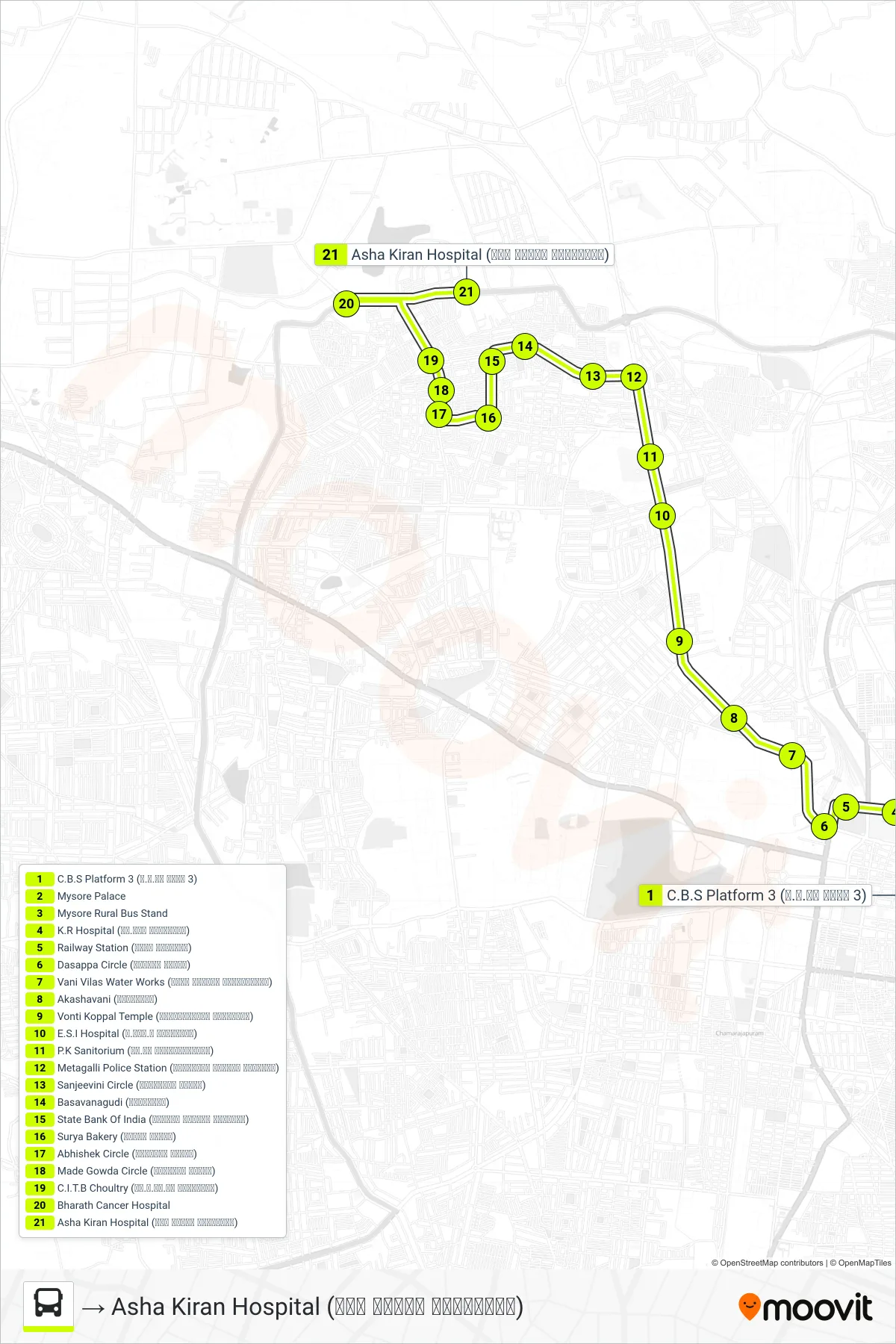 116D bus Line (→ Asha Kiran Hospital (ಆಶಾ ಕಿರಣ್ ಆಸ್ಪತ್ರೆ)) route and stops on a map