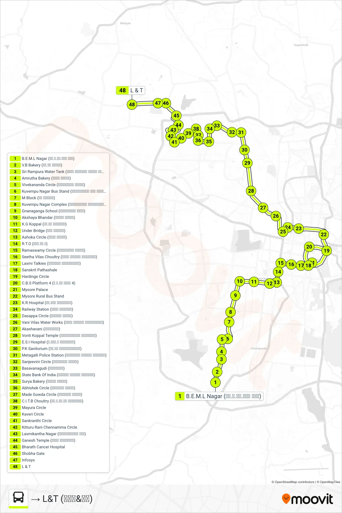 116E bus Line (→ L&T (ಎಲ್&ಟಿ)) route and stops on a map