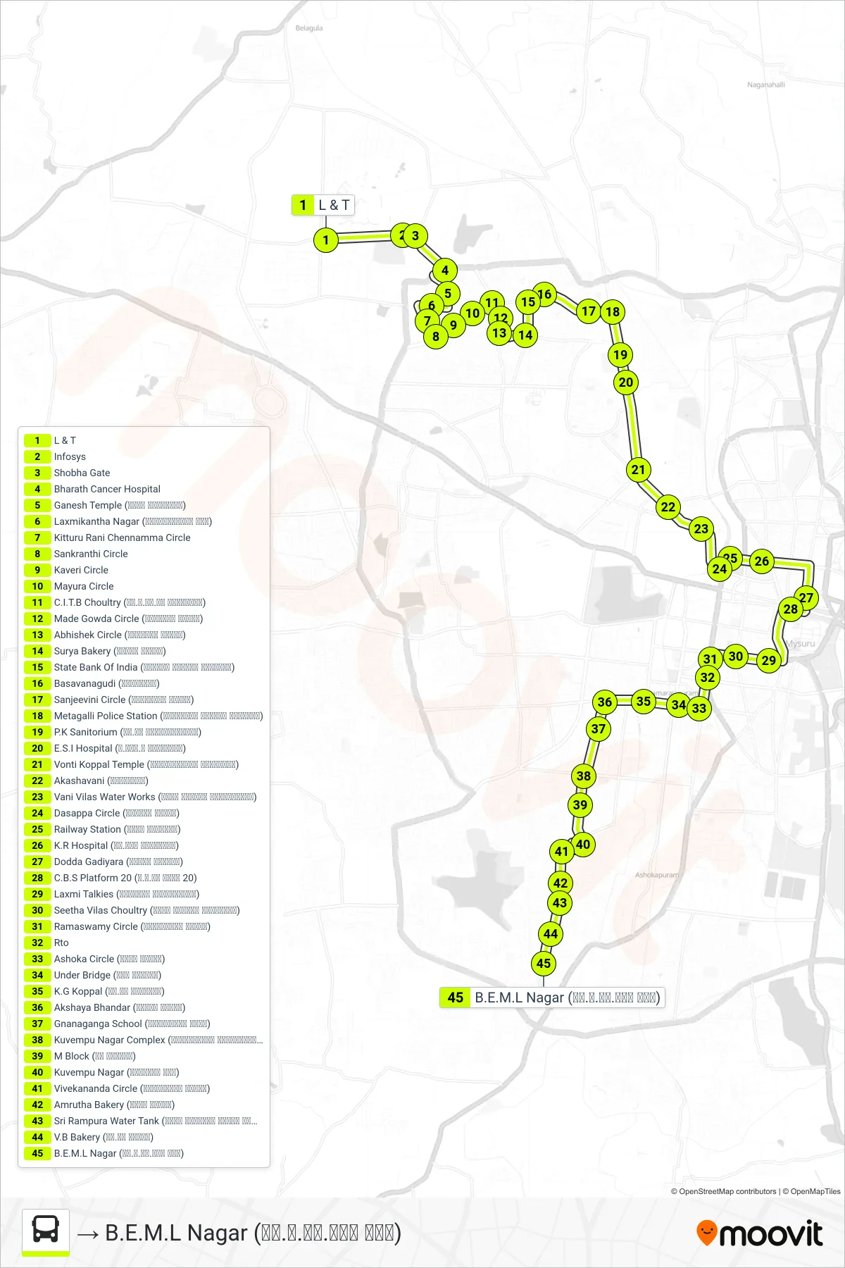 116E bus Line (→ B.E.M.L Nagar (ಬಿ.ಇ.ಎಂ.ಎಲ್ ನಗರ)) route and stops on a map