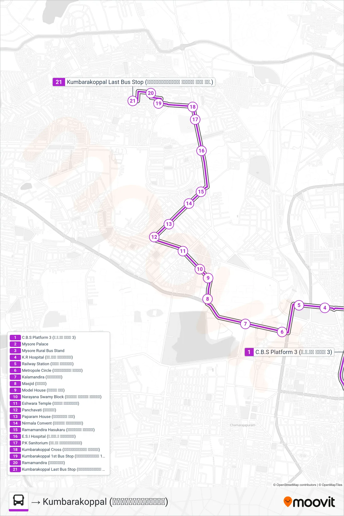 118A bus Line (→ Kumbarakoppal (ಕುಂಬಾರಕೊಪ್ಪಲು)) route and stops on a map