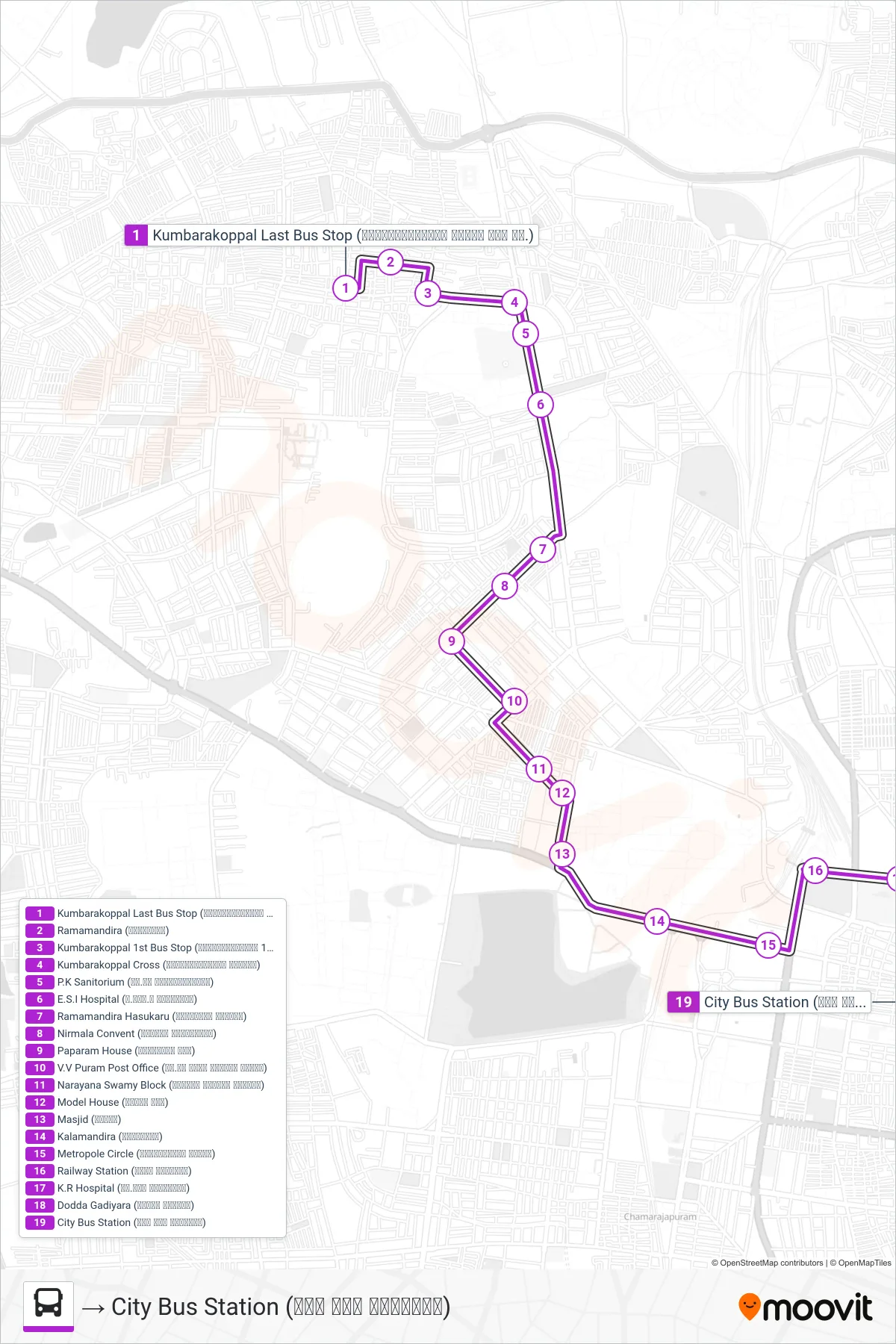 118A bus Line (→ City Bus Station (ನಗರ ಬಸ್ ನಿಲ್ದಾಣ)) route and stops on a map