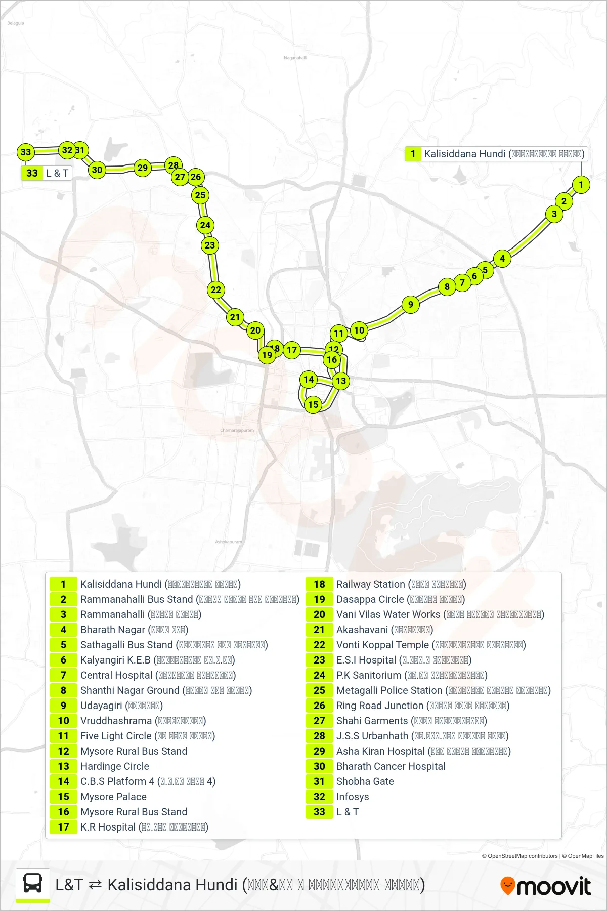 119F bus Line (→ L&T (ಎಲ್&ಟಿ)) route and stops on a map