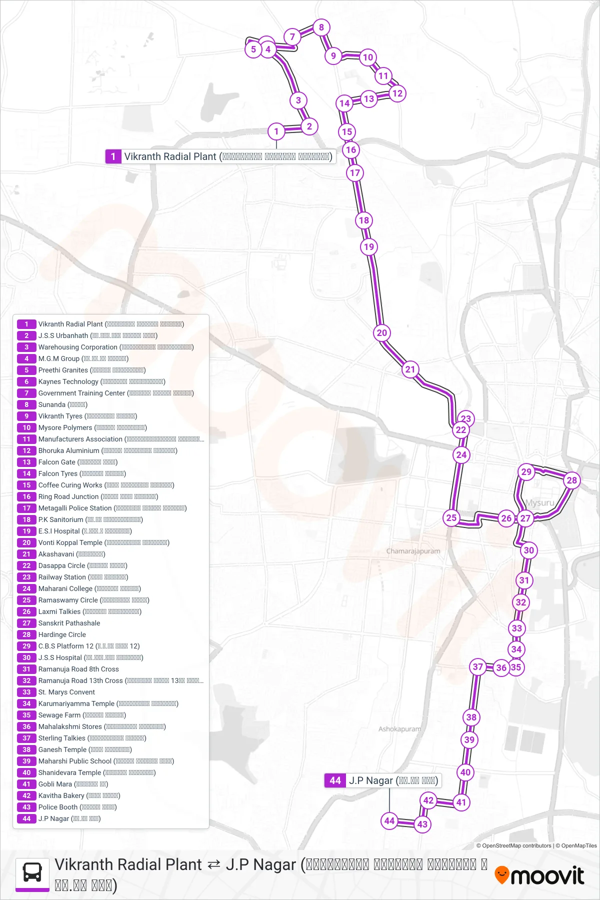 11FC bus Line (→ J.P Nagar (ಜೆ.ಪಿ ನಗರ)) route and stops on a map