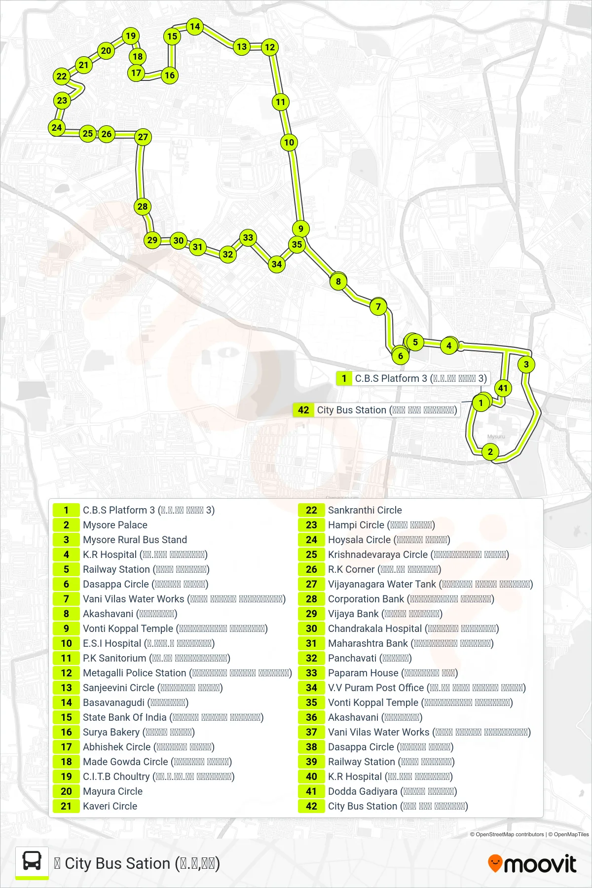 122B bus Line (↺ City Bus Sation (ನ.ಬ,ನಿ)) route and stops on a map