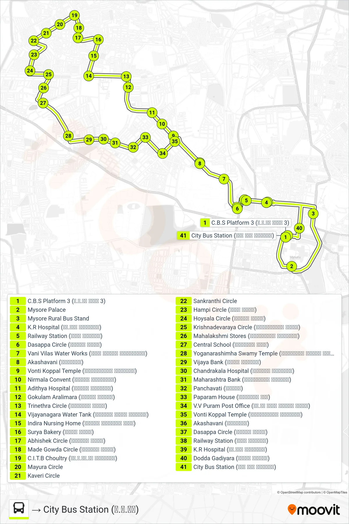 122D bus Line (→ City Bus Station (ನ.ಬ.ನಿ)) route and stops on a map