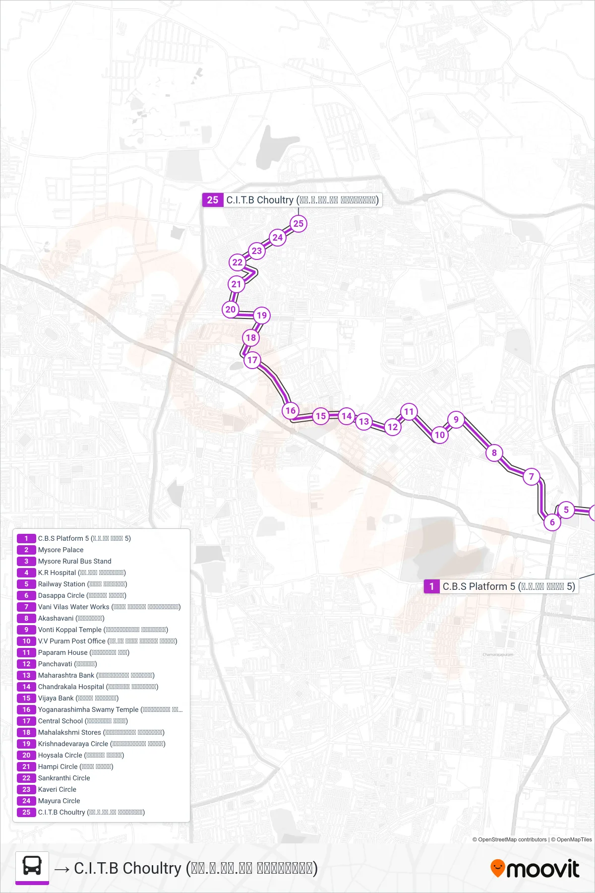 123A bus Line (→ C.I.T.B Choultry (ಸಿ.ಐ.ಟಿ.ಬಿ ಚೌಲ್ಟ್ರಿ)) route and stops on a map