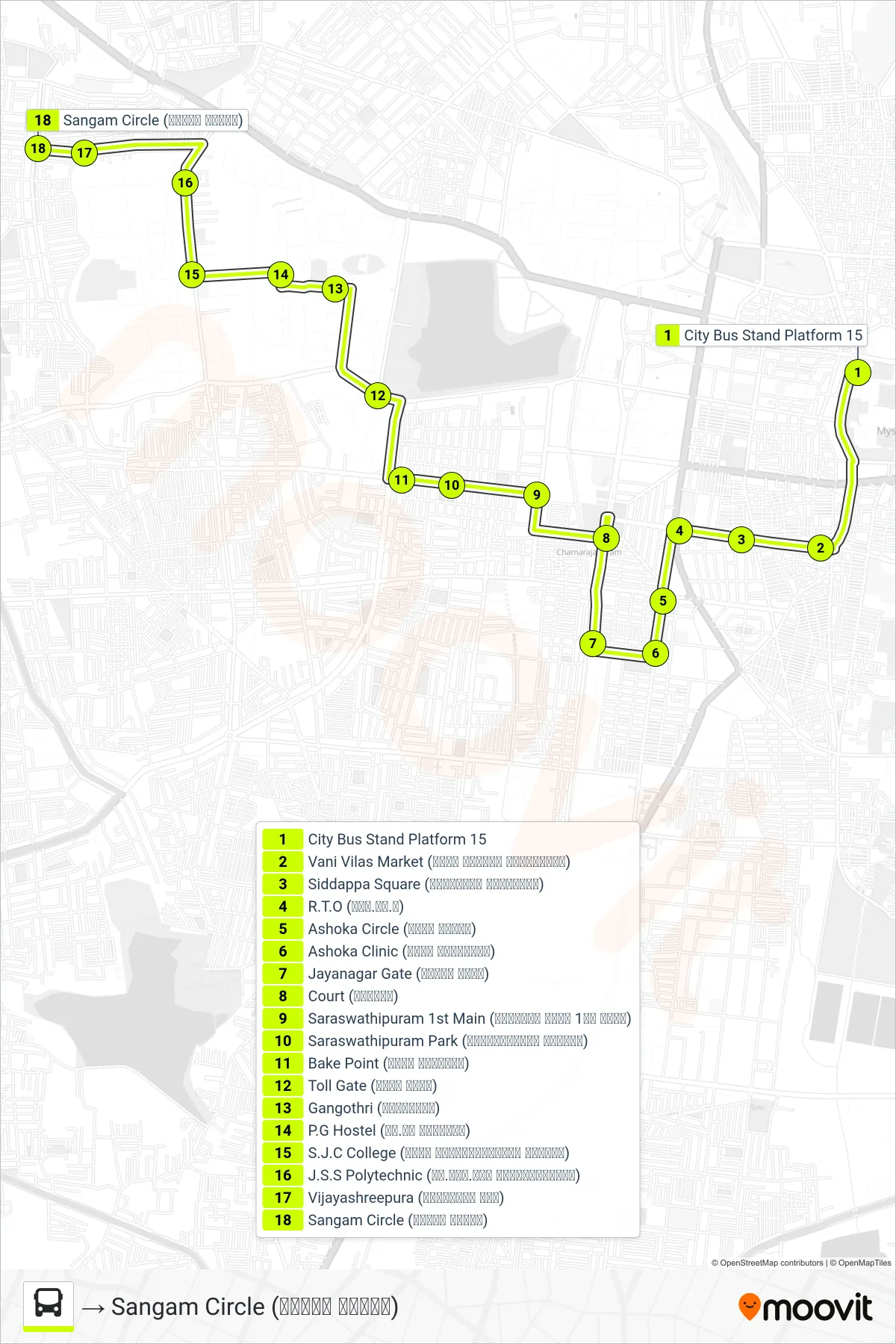 129A bus Line (→ Sangam Circle (ಸಂಗಮ್ ವೃತ್ತ)) route and stops on a map