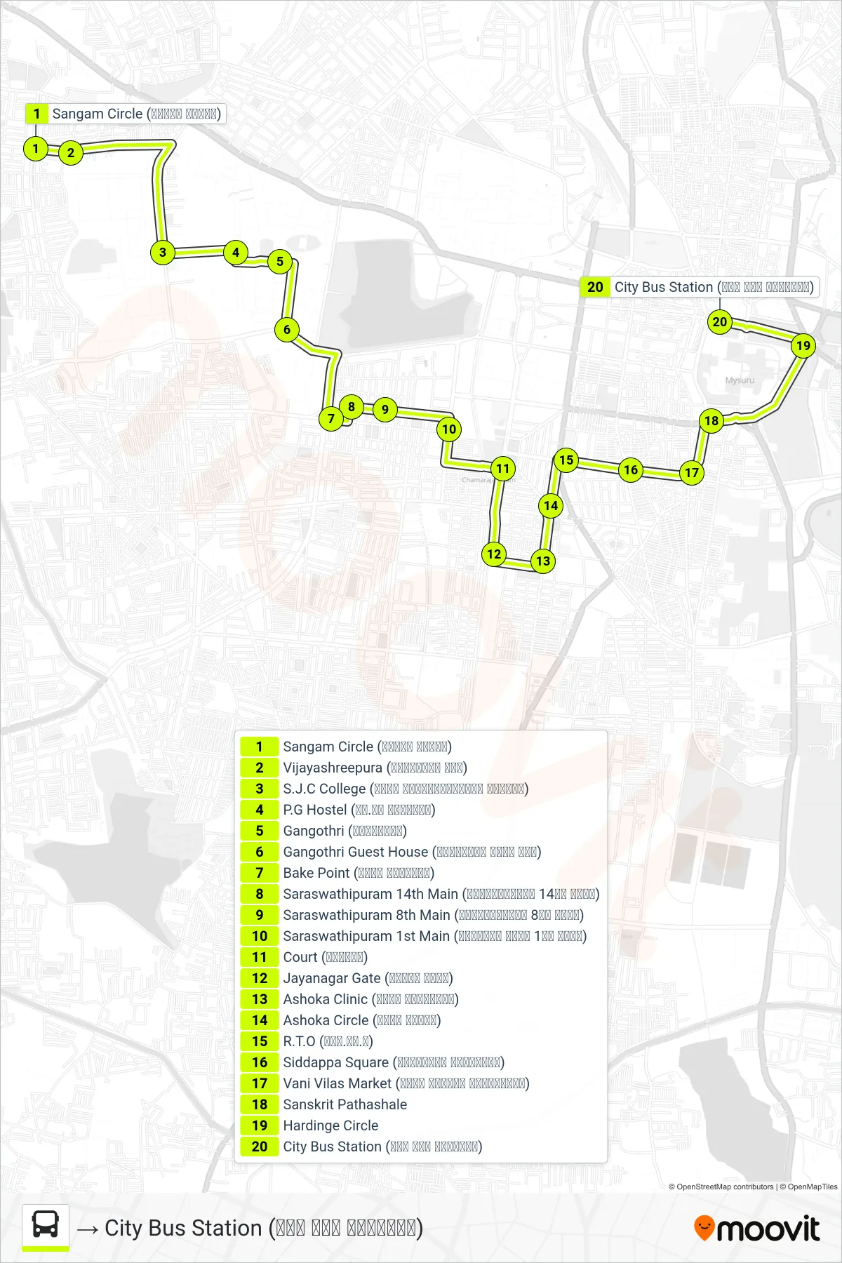 129A bus Line (→ City Bus Station (ನಗರ ಬಸ್ ನಿಲ್ದಾಣ)) route and stops on a map