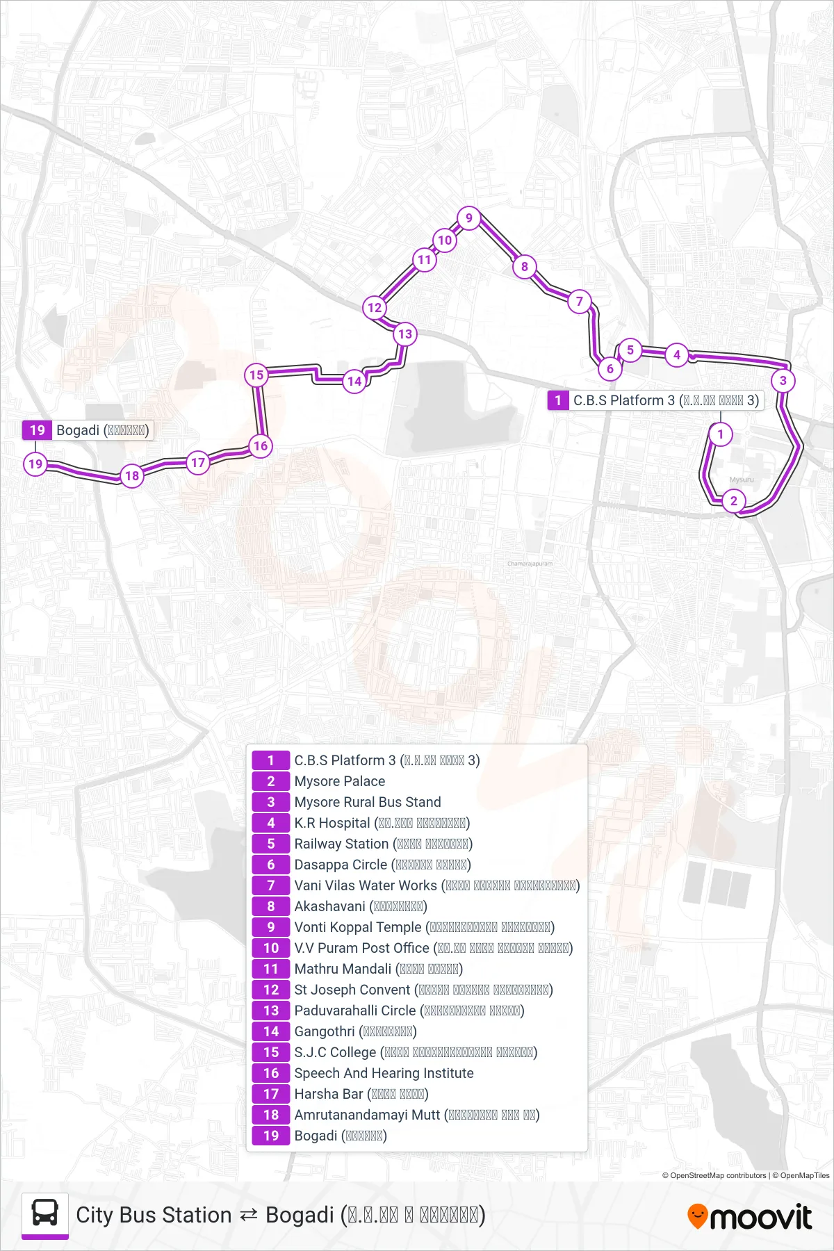 130B bus Line (→ Bogadi (ಬೋಗಾದಿ)) route and stops on a map