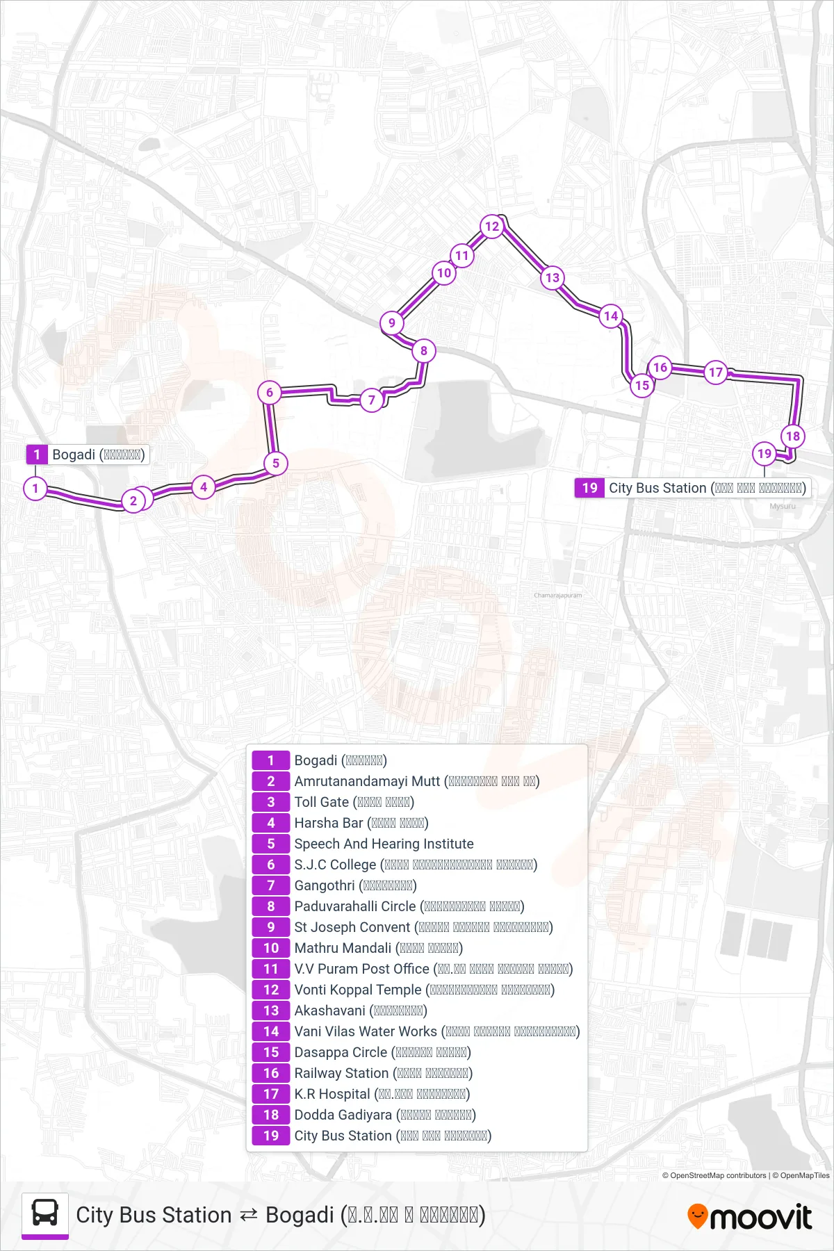 130B bus Line (→ City Bus Station (ನಗರ ಬಸ್ ನಿಲ್ದಾಣ)) route and stops on a map