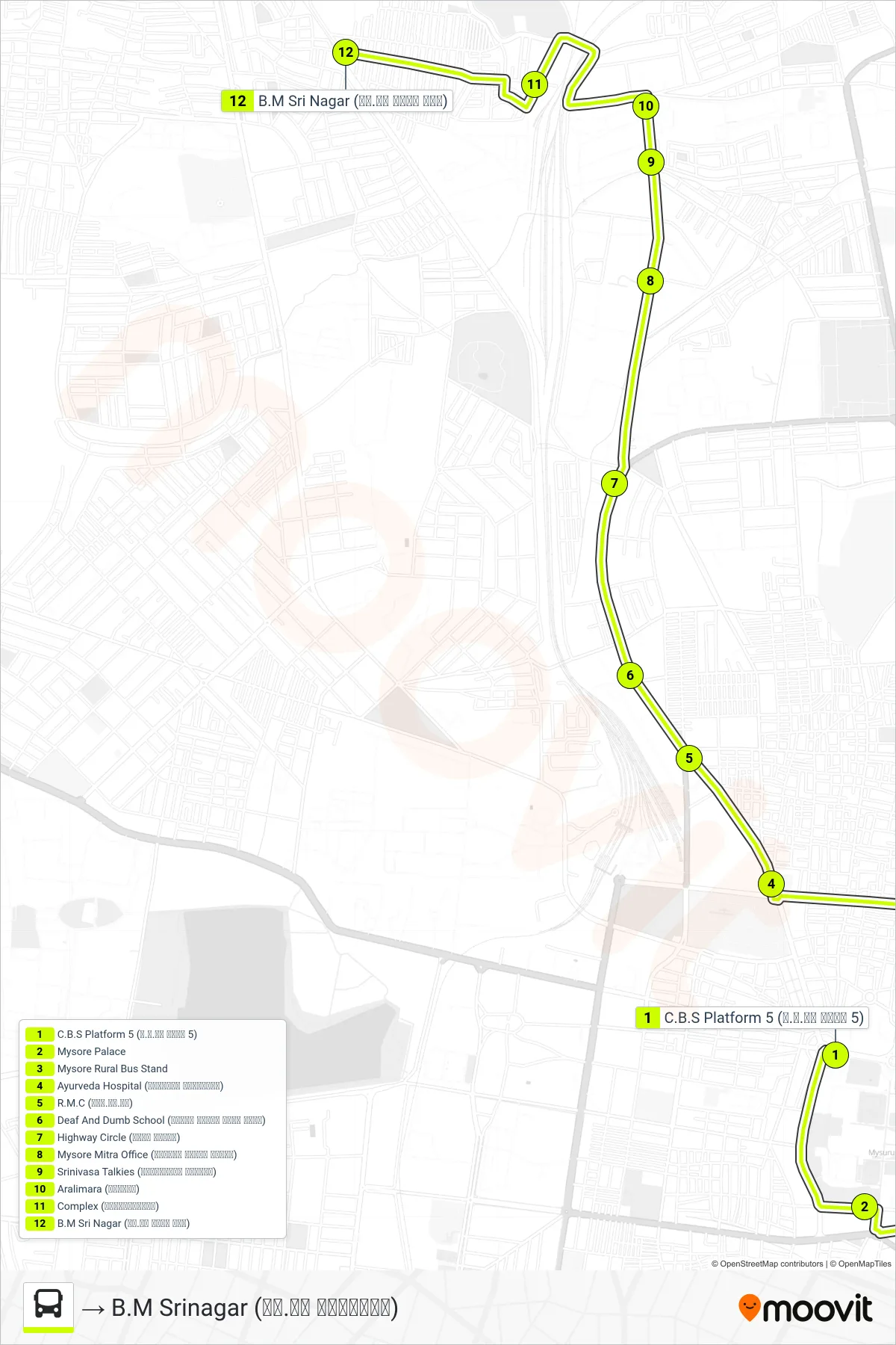 150C bus Line (→ B.M Srinagar (ಬಿ.ಎಂ ಶ್ರೀನಗರ)) route and stops on a map