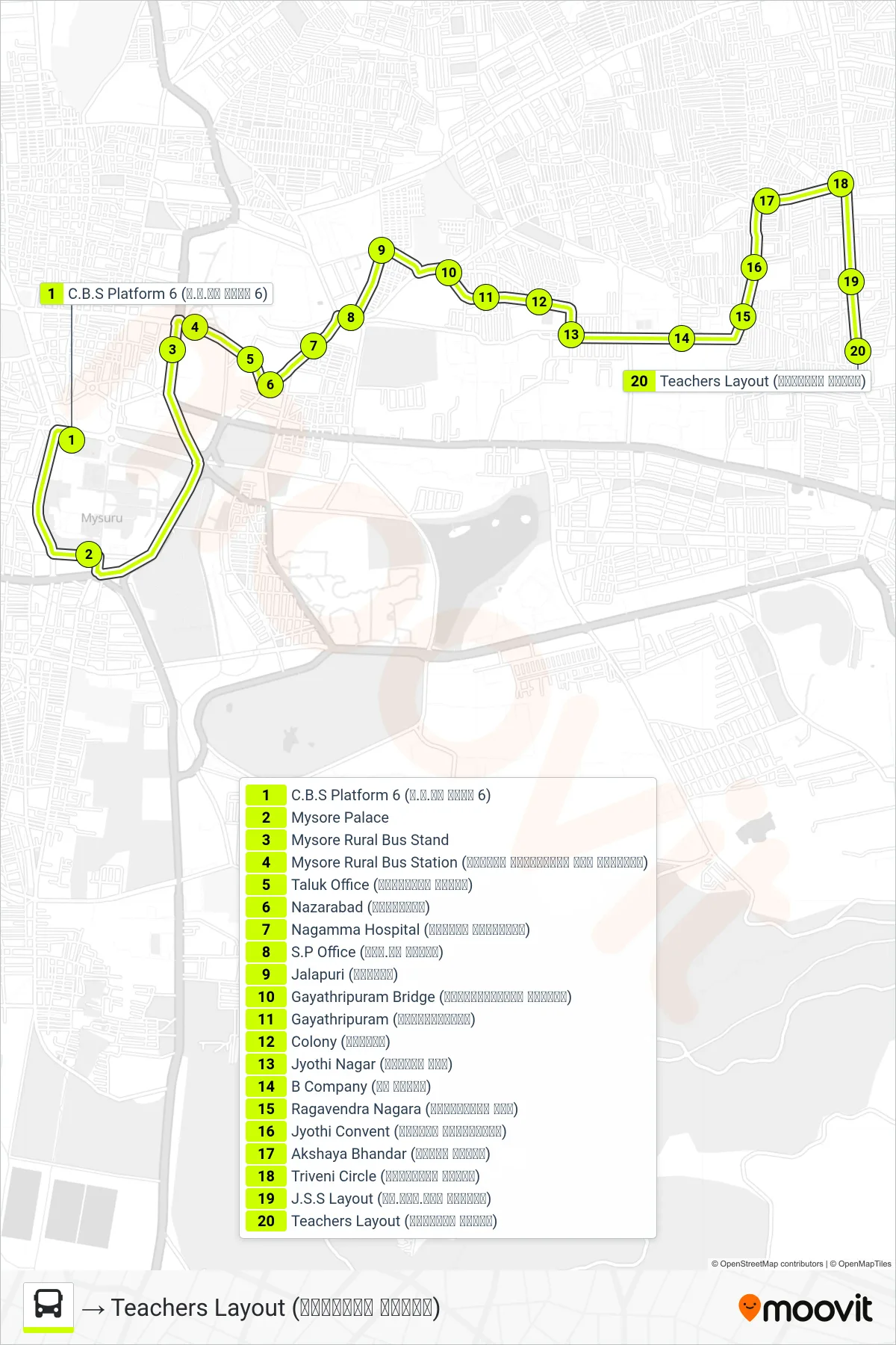 161A bus Line (→ Teachers Layout (ಟೀಚರ್ಸ್ ಲೇಔಟ್)) route and stops on a map