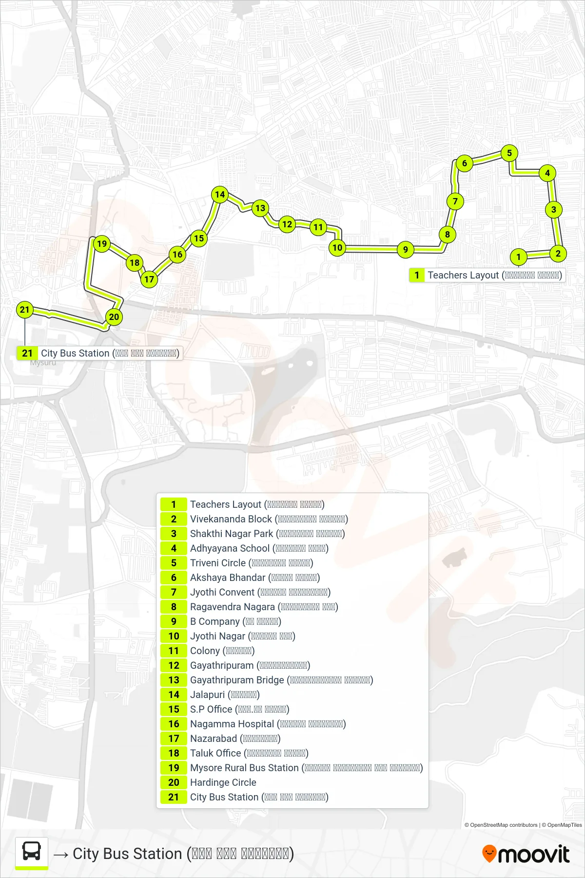 161A bus Line (→ City Bus Station (ನಗರ ಬಸ್ ನಿಲ್ದಾಣ)) route and stops on a map